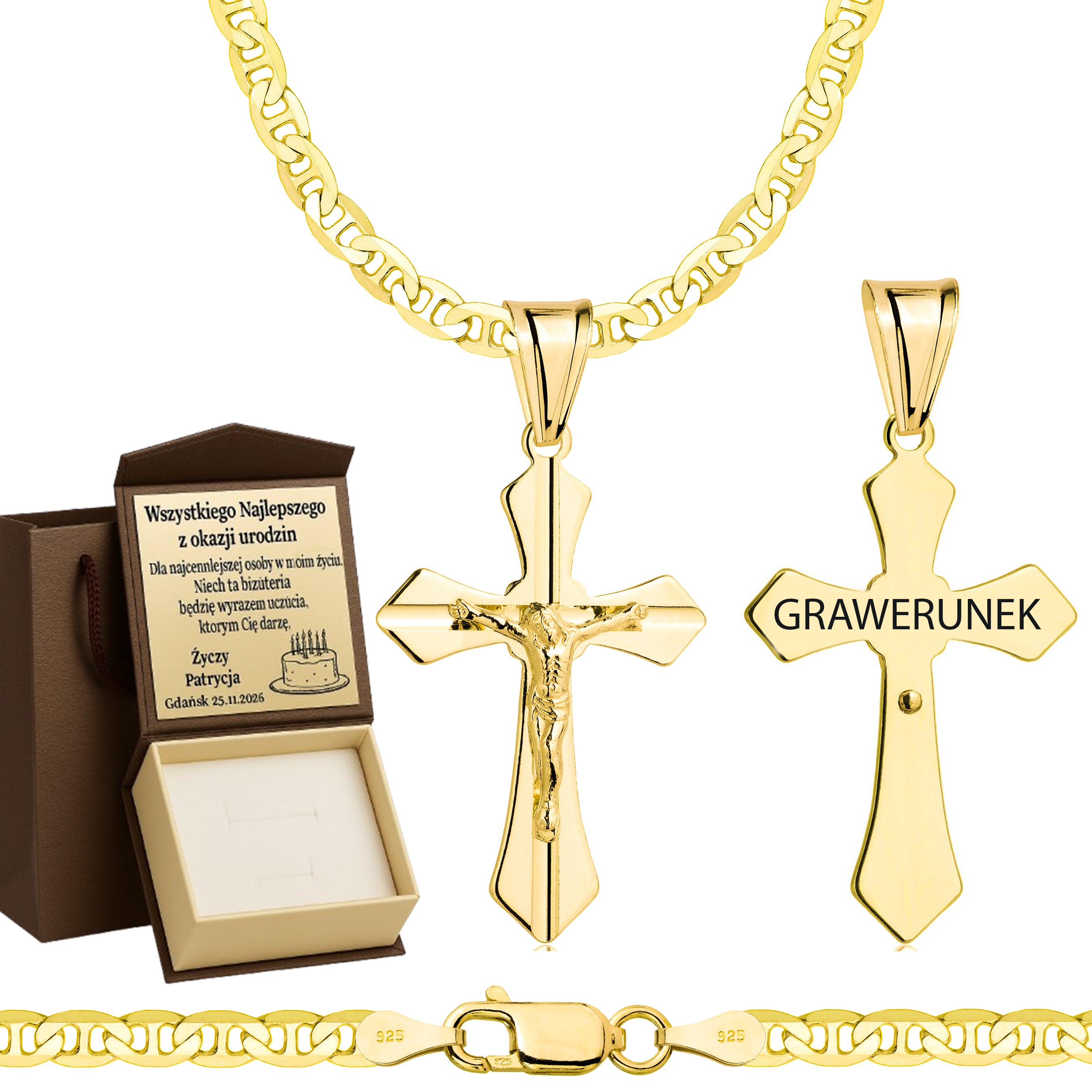 Łańcuszek pozłacany srebrny z krzyżykiem gucci 3,5mm pr. 925