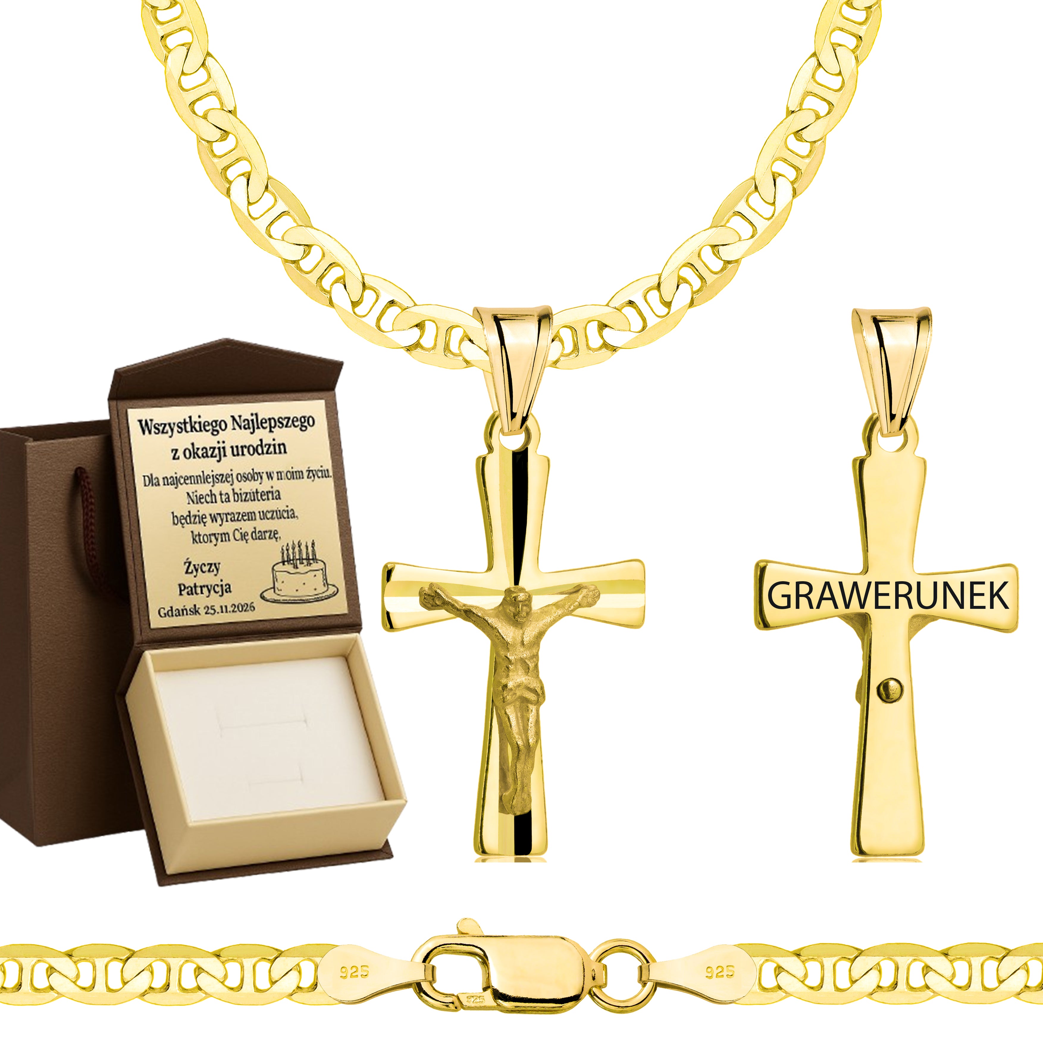 Łańcuszek pozłacany srebrny z krzyżykiem gucci 3,5mm pr. 925