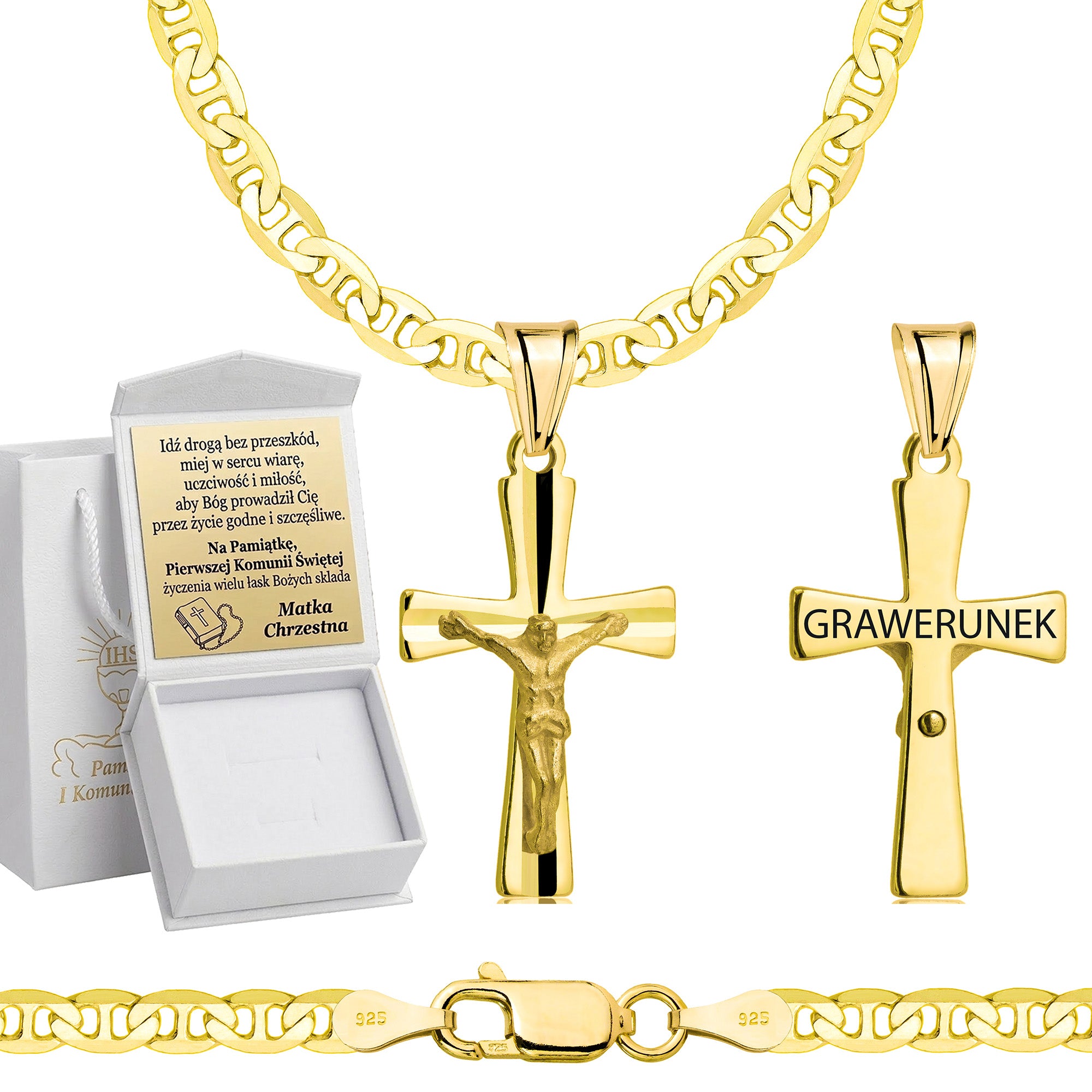 Łańcuszek komunijny pozłacany srebrny gucci z krzyżykiem 3,5mm z grawerowanym pudełeczkiem i zawieszką pr. 925
