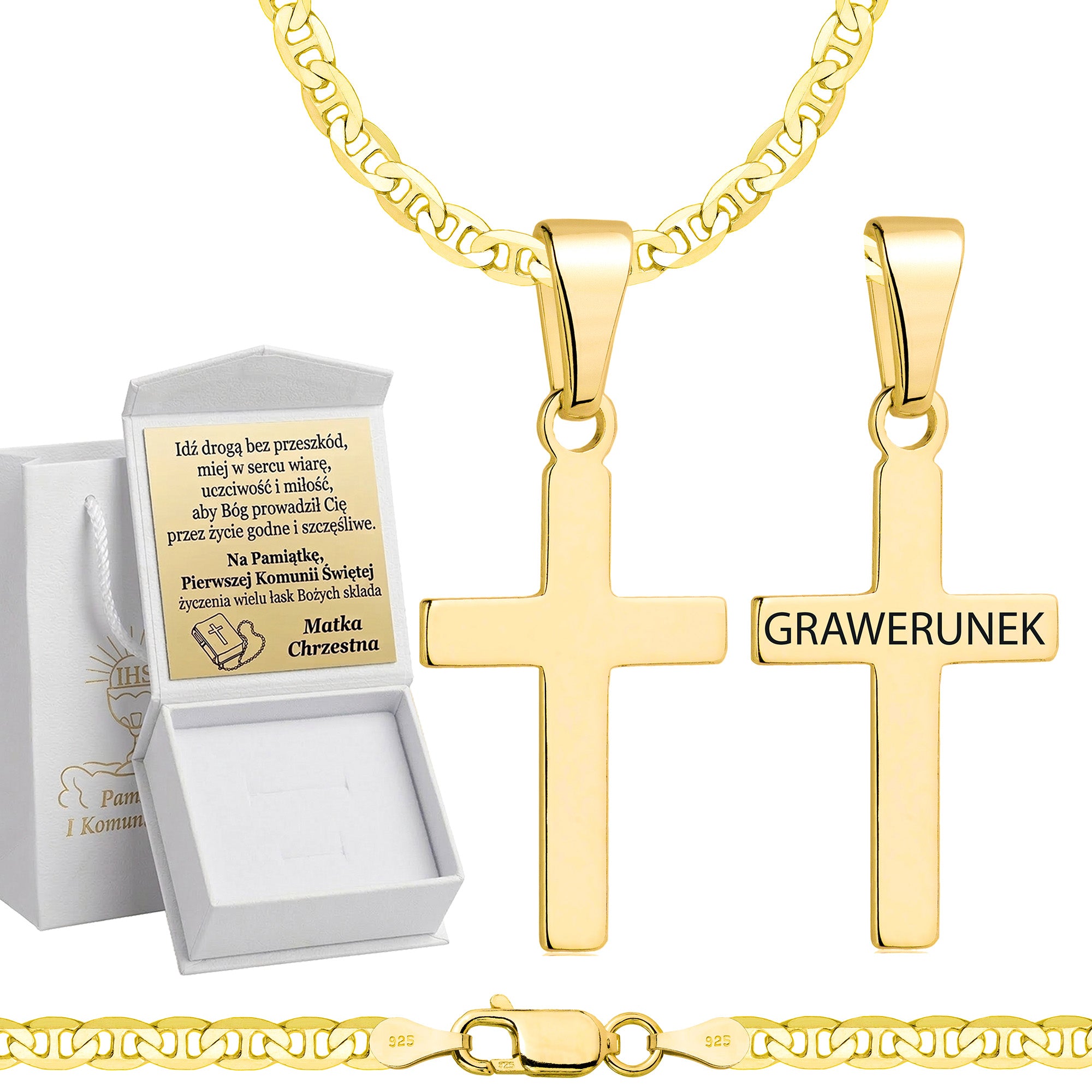 Łańcuszek komunijny pozłacany srebrny gucci z krzyżykiem 3,5mm z grawerowanym pudełeczkiem i zawieszką pr. 925