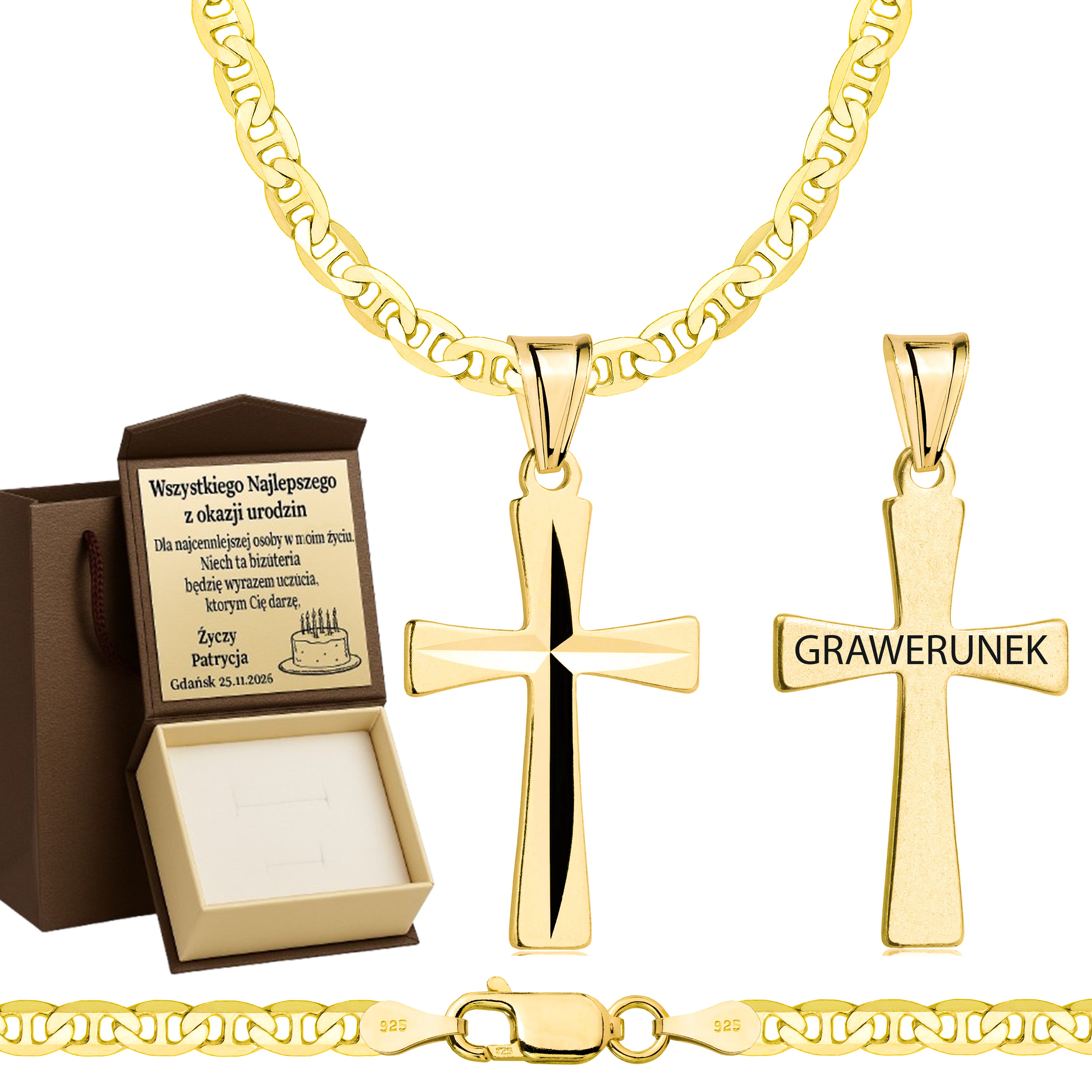 Łańcuszek pozłacany srebrny z krzyżykiem gucci 3,5mm pr. 925