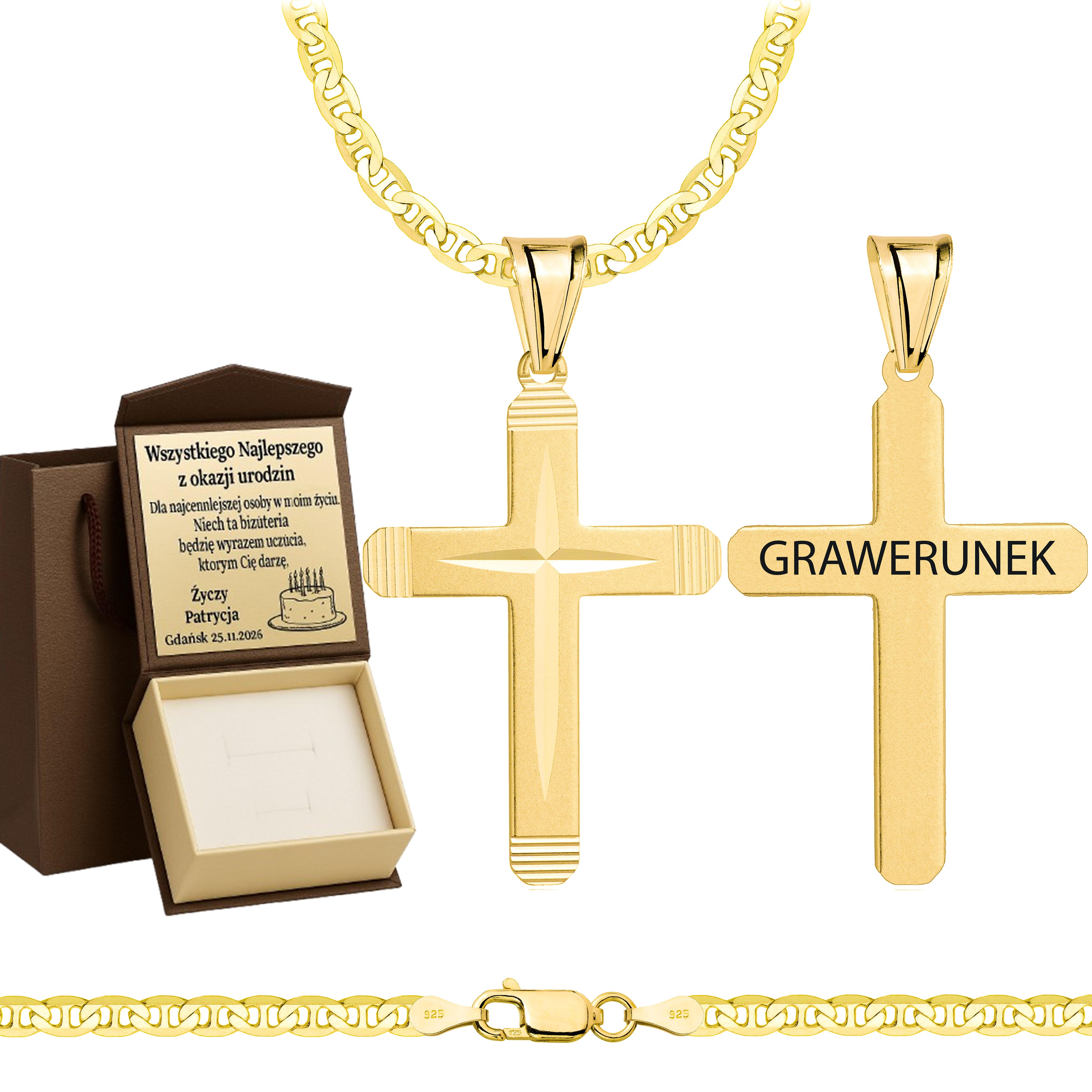 Łańcuszek pozłacany srebrny z krzyżykiem gucci 3,5mm pr. 925