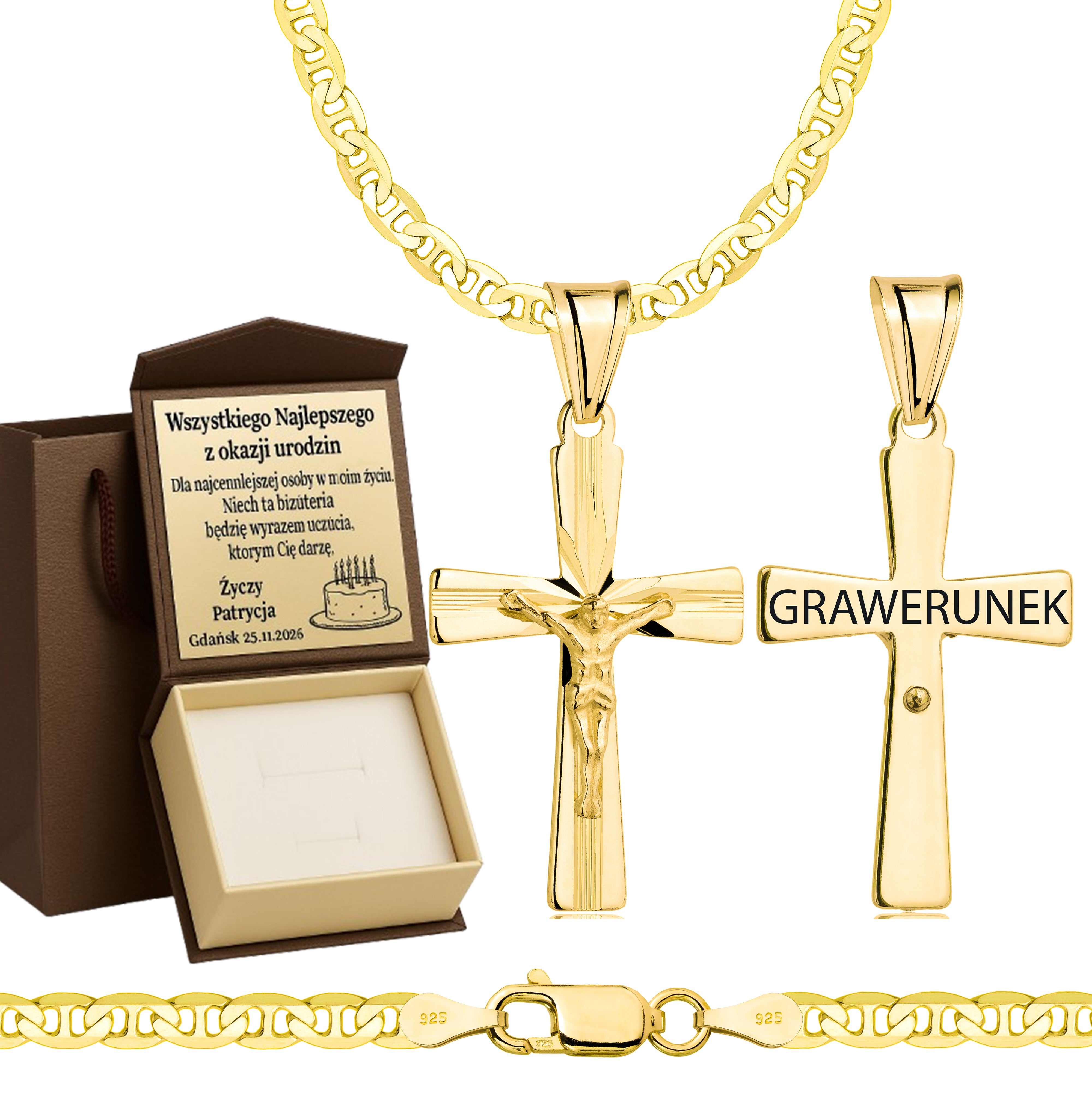 Łańcuszek pozłacany srebrny z krzyżykiem gucci 3,5mm pr. 925