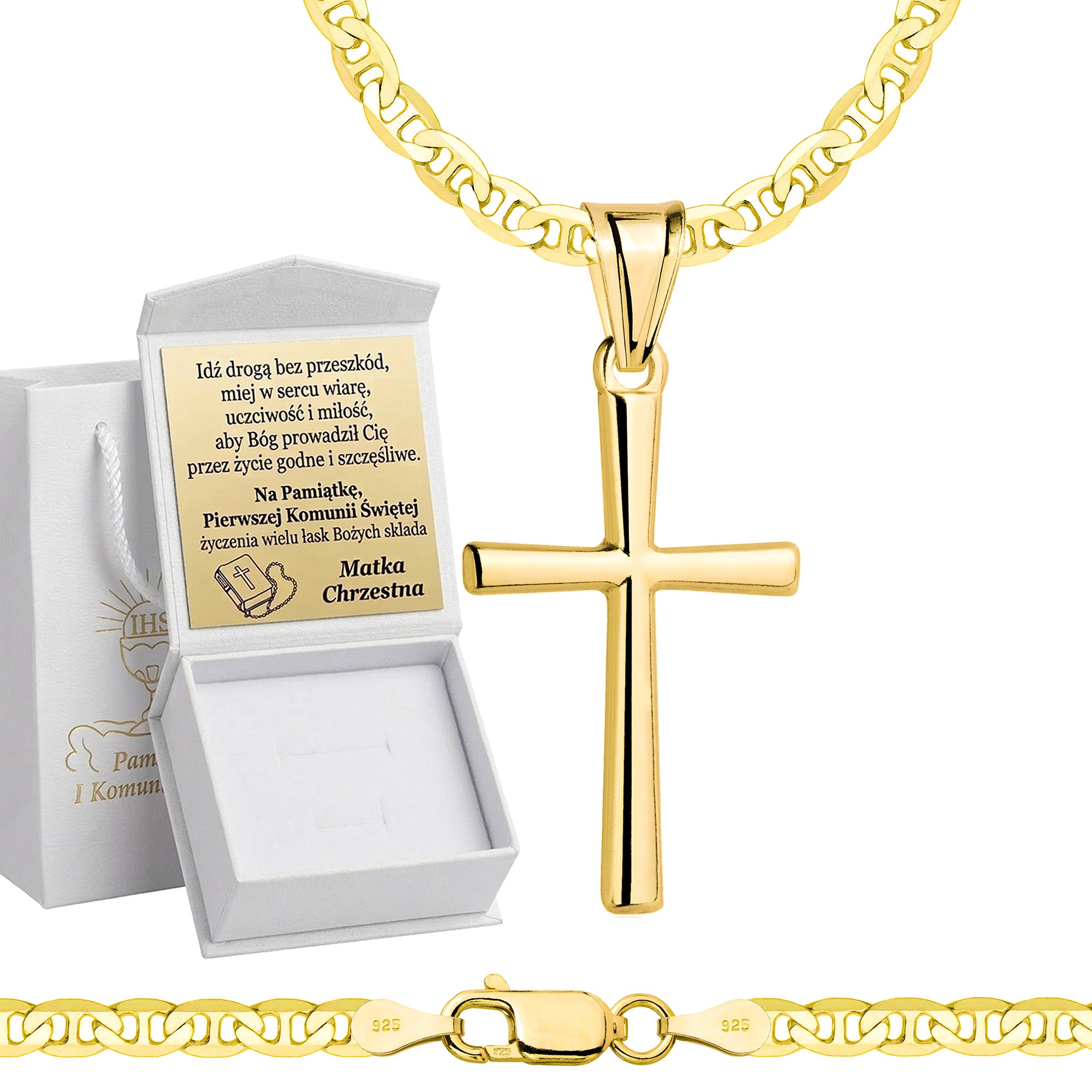 Łańcuszek komunijny pozłacany srebrny gucci z krzyżykiem 3,5mm z grawerowanym pudełeczkiem pr. 925