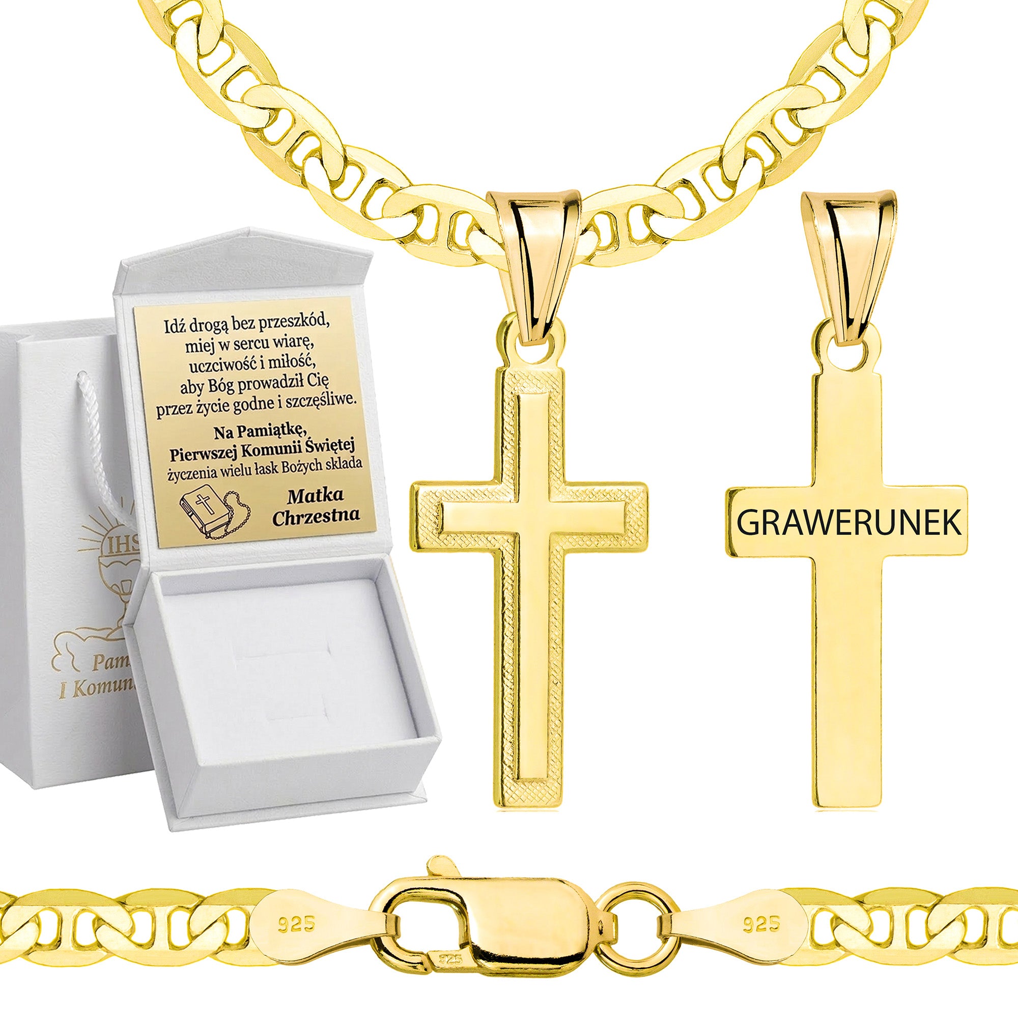 Łańcuszek komunijny pozłacany srebrny gucci z krzyżykiem 3,5mm z grawerowanym pudełeczkiem i zawieszką pr. 925