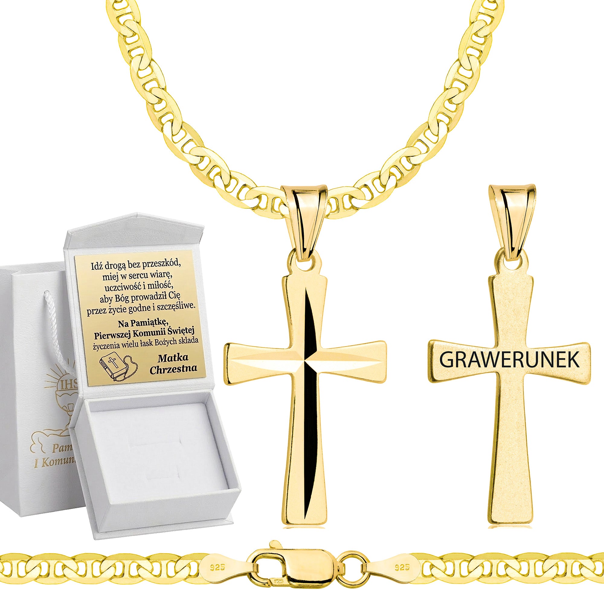 Łańcuszek komunijny pozłacany srebrny gucci z krzyżykiem 3,5mm z grawerowanym pudełeczkiem i zawieszką pr. 925