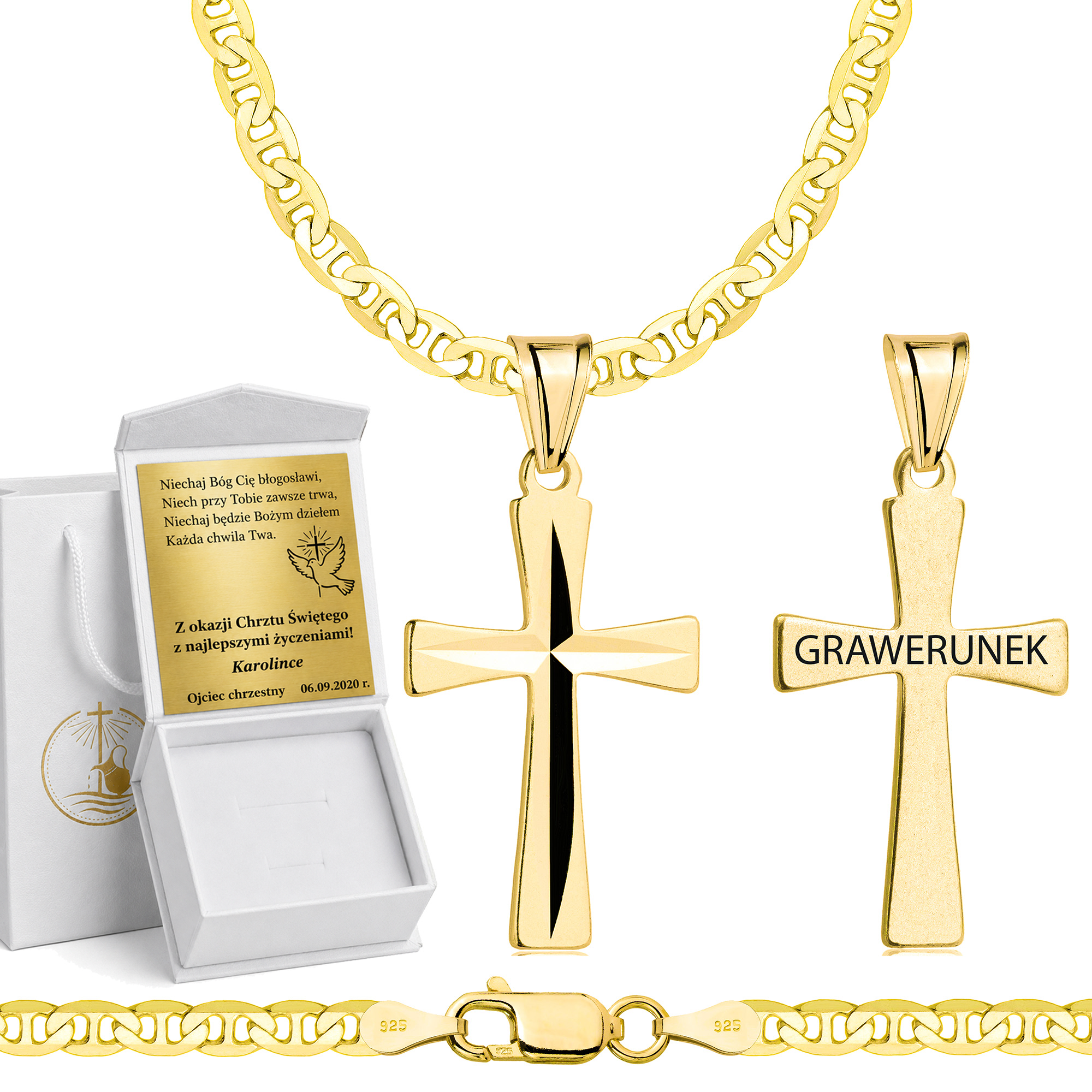 Łańcuszek na Chrzest pozłacany srebrny gucci z krzyżykiem 3,5mm z grawerowanym pudełeczkiem i zawieszką pr. 925