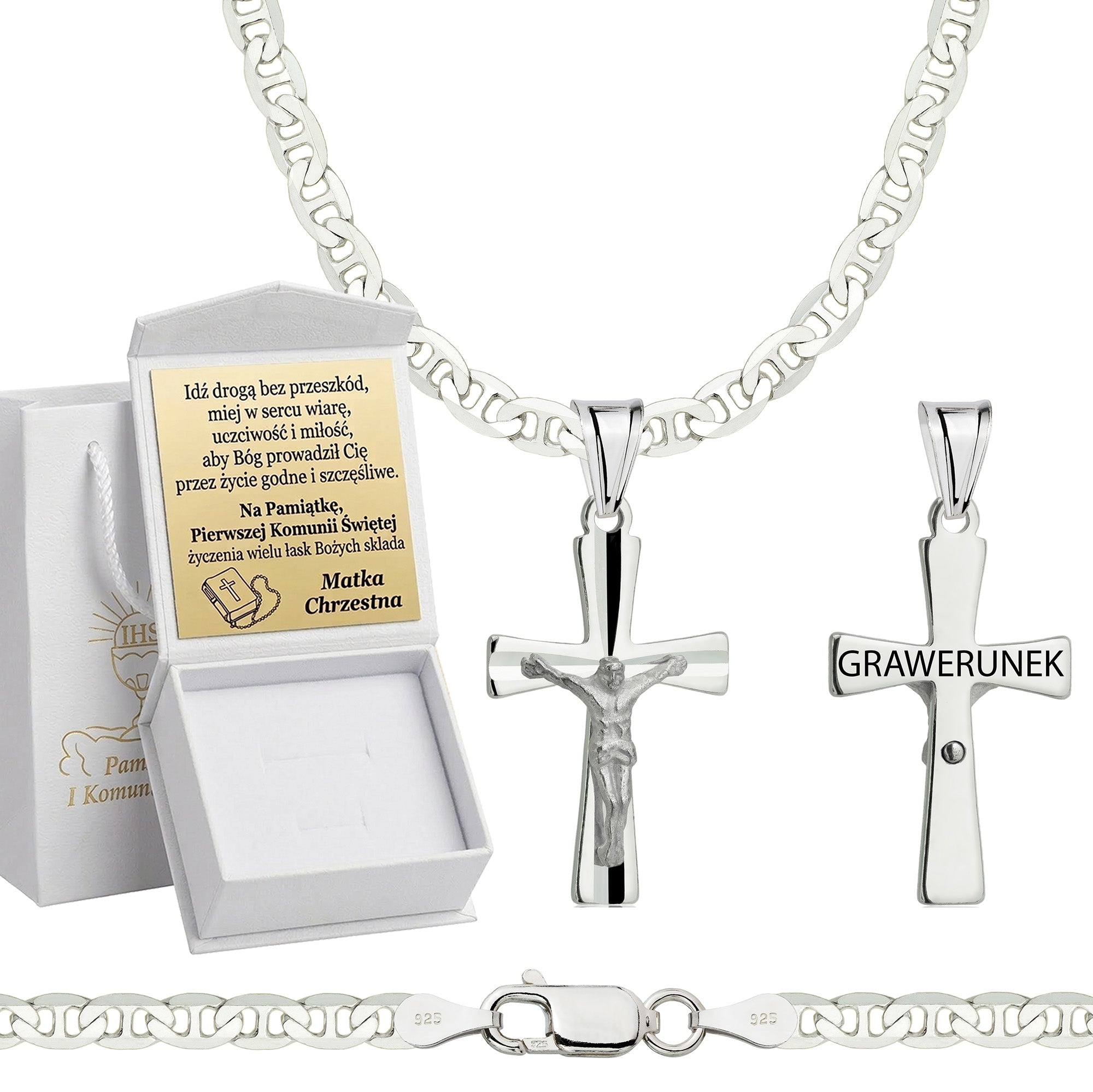 Łańcuszek komunijny srebrny z krzyżykiem gucci 3,5mm z grawerowanym pudełeczkiem i zawieszką pr. 925