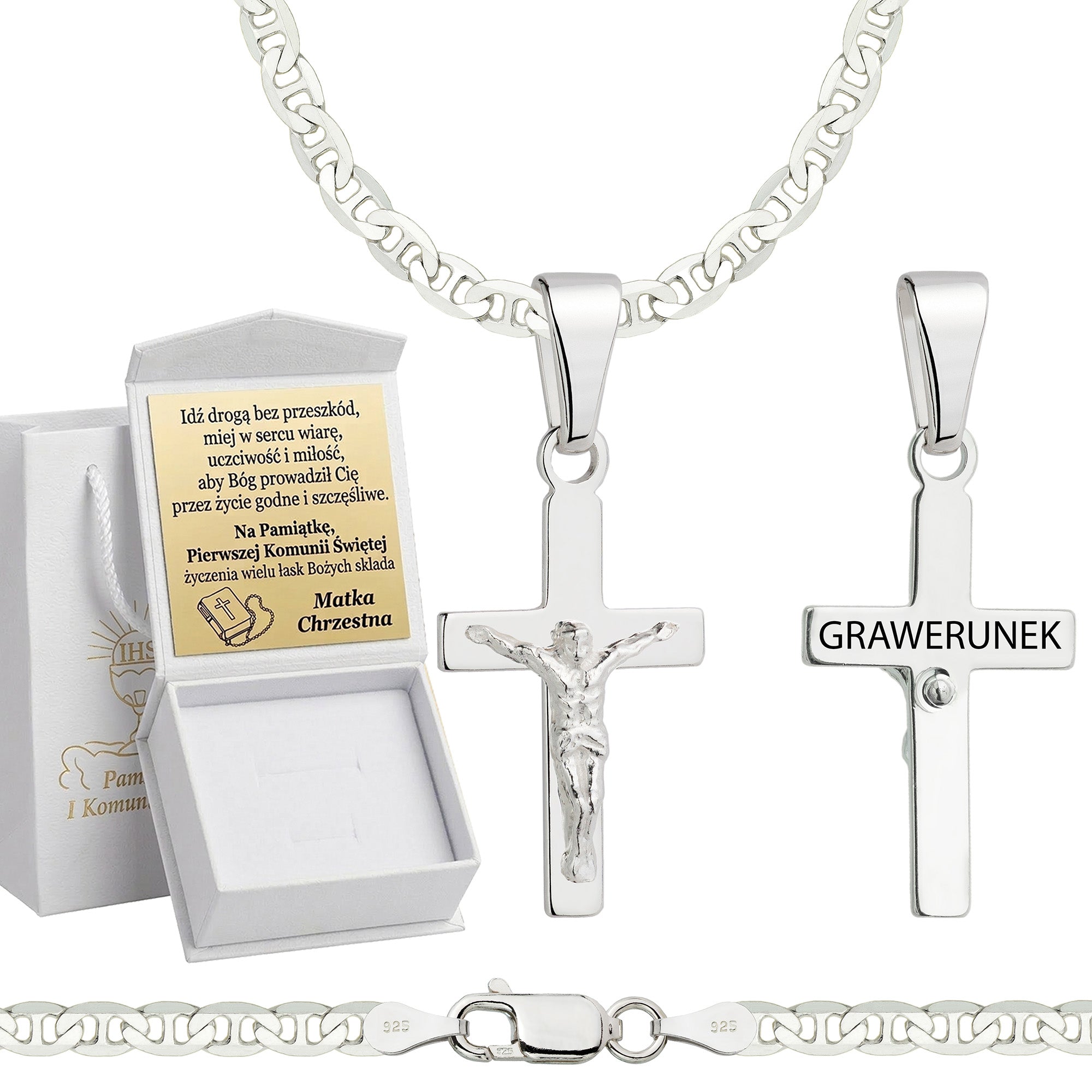 Łańcuszek komunijny srebrny z krzyżykiem gucci 3,5mm z grawerowanym pudełeczkiem i zawieszką pr. 925