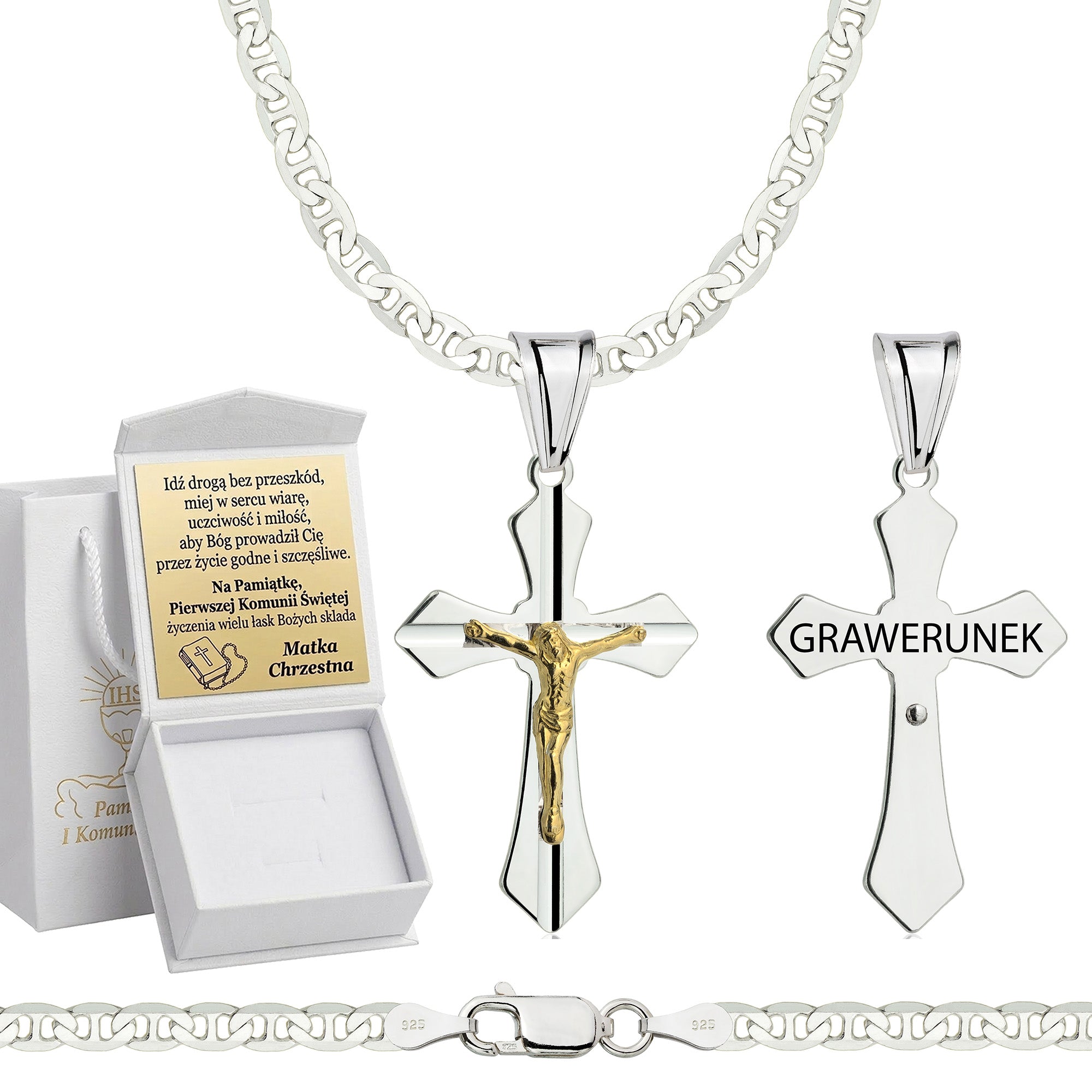 Łańcuszek komunijny srebrny z krzyżykiem gucci 3,5mm z grawerowanym pudełeczkiem i zawieszką pr. 925