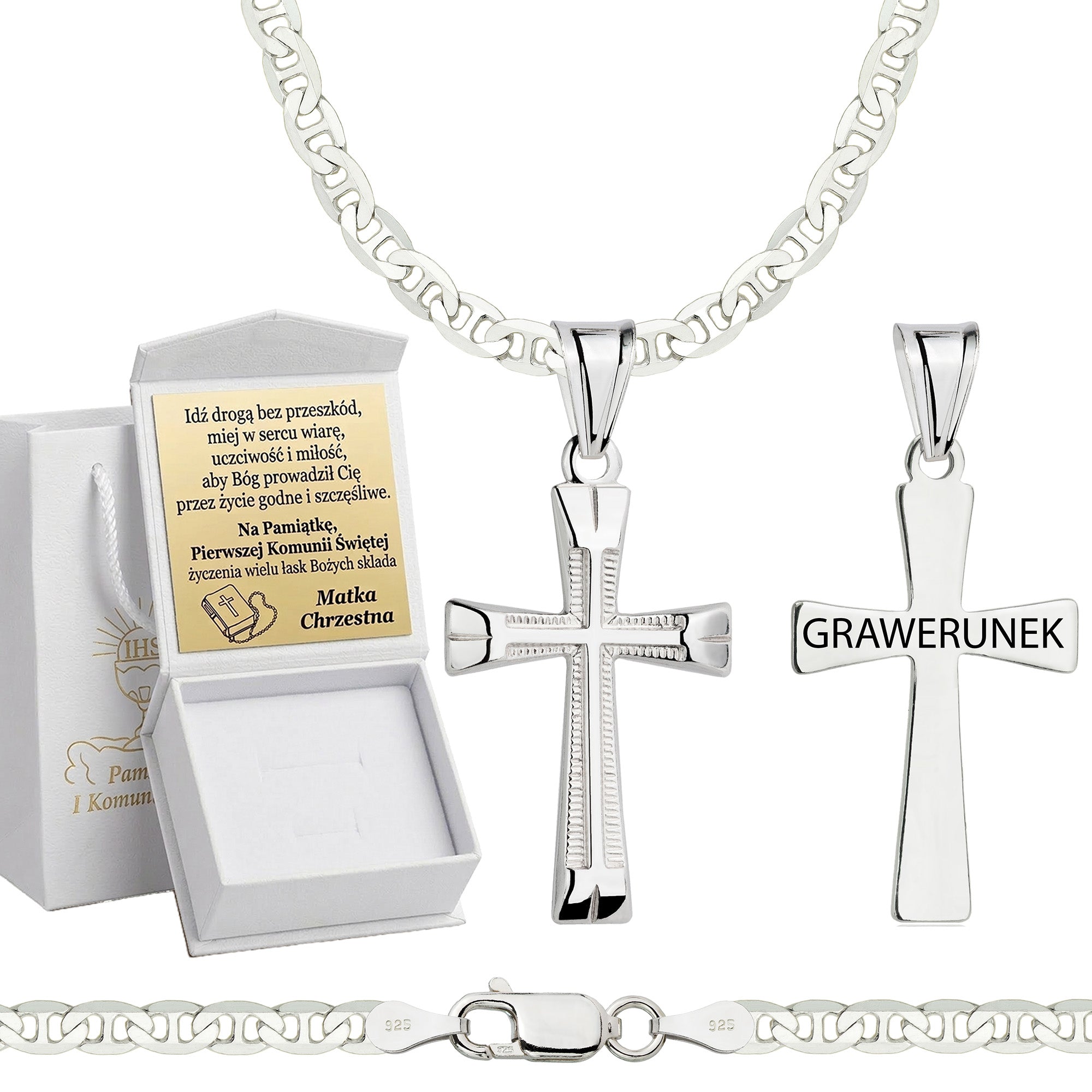 Łańcuszek komunijny srebrny z krzyżykiem gucci 3,5mm z grawerowanym pudełeczkiem i zawieszką pr. 925