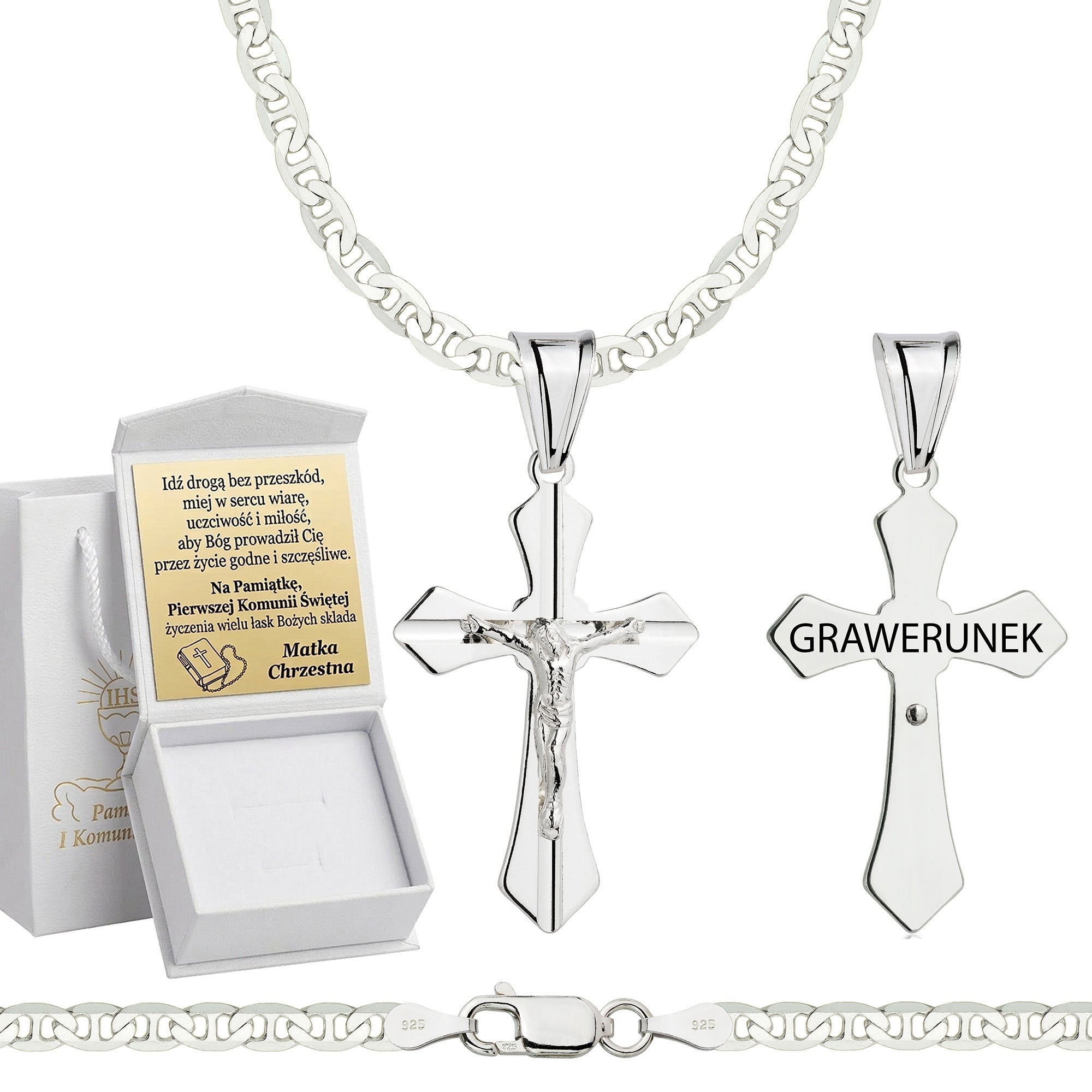 Łańcuszek komunijny srebrny z krzyżykiem gucci 3,5mm z grawerowanym pudełeczkiem i zawieszką pr. 925