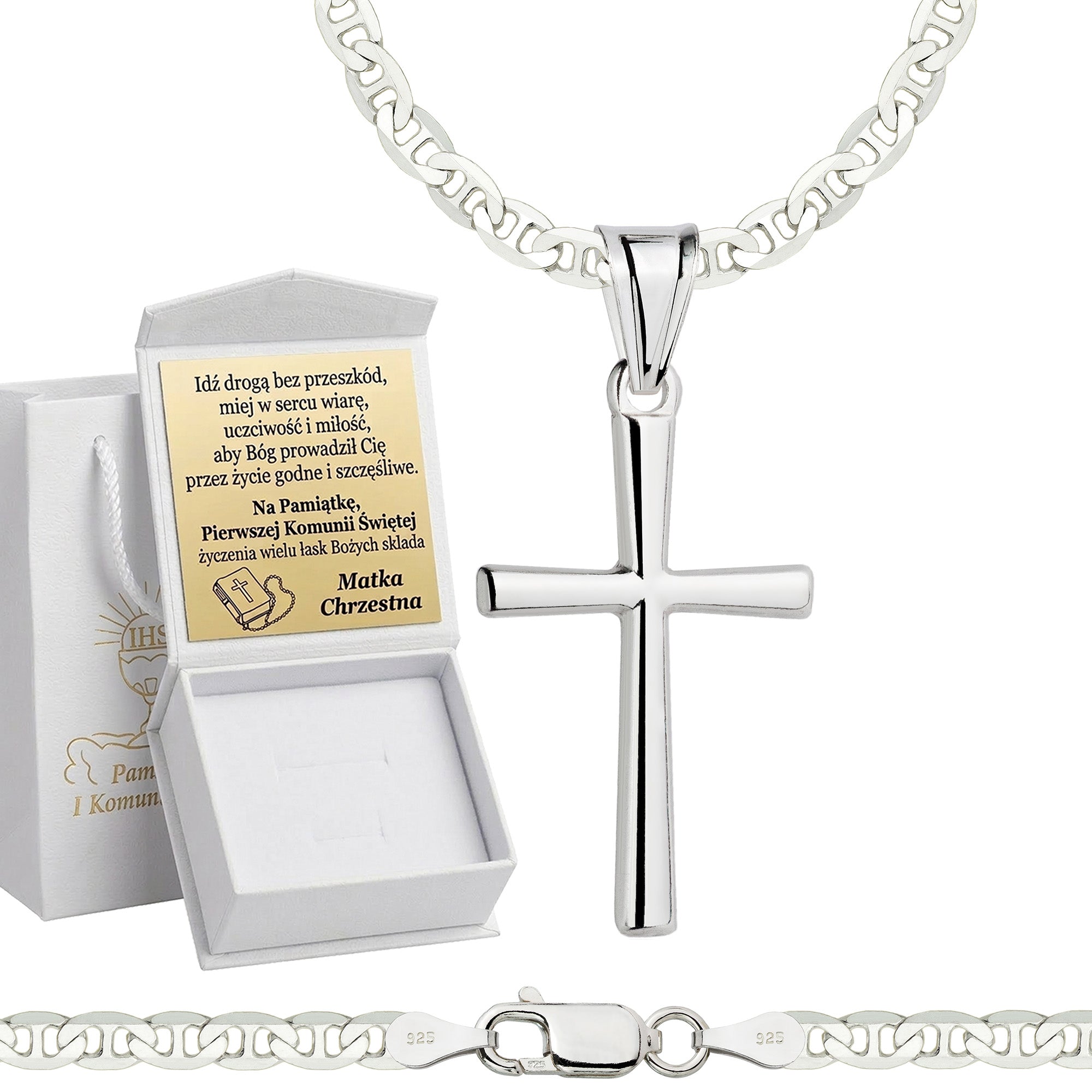 Łańcuszek komunijny srebrny z krzyżykiem gucci 3,5mm z grawerowanym pudełeczkiem pr. 925