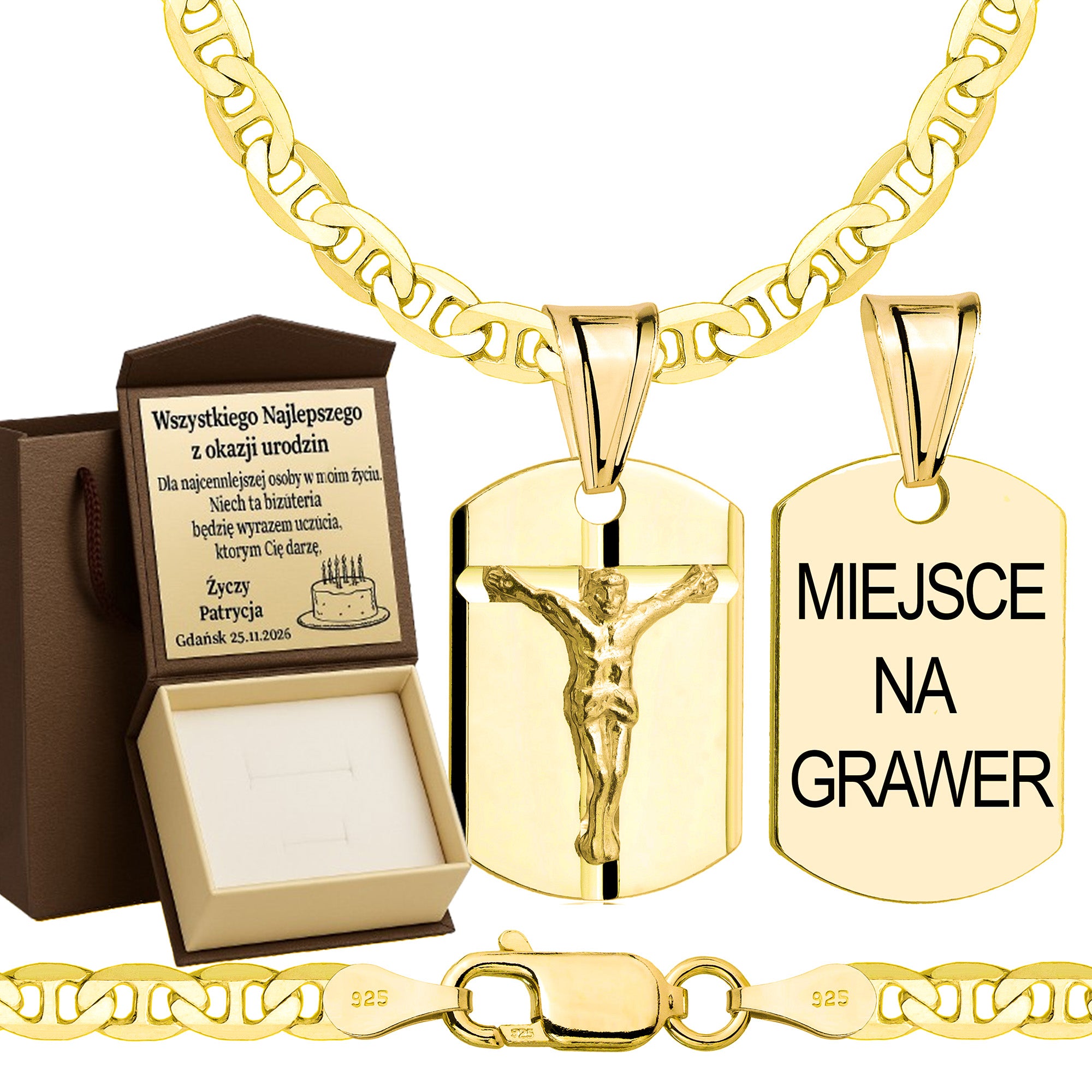 Łańcuszek pozłacany srebrny z medalikiem gucci 3,5mm pr. 925