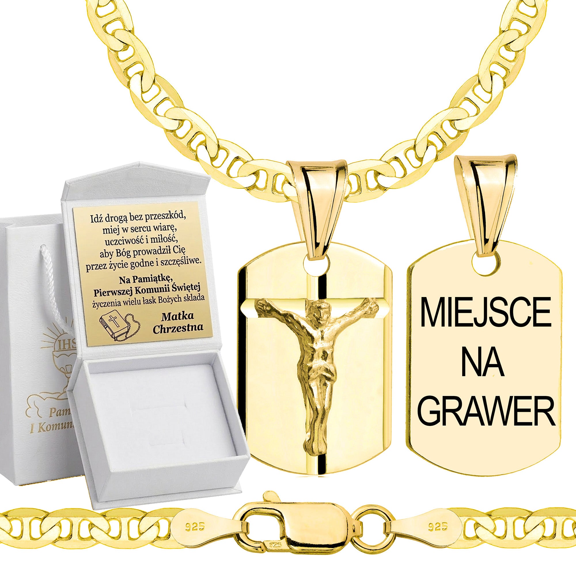 Łańcuszek komunijny pozłacany srebrny gucci z medalikiem 3,5mm z grawerowanym pudełeczkiem i zawieszką pr. 925