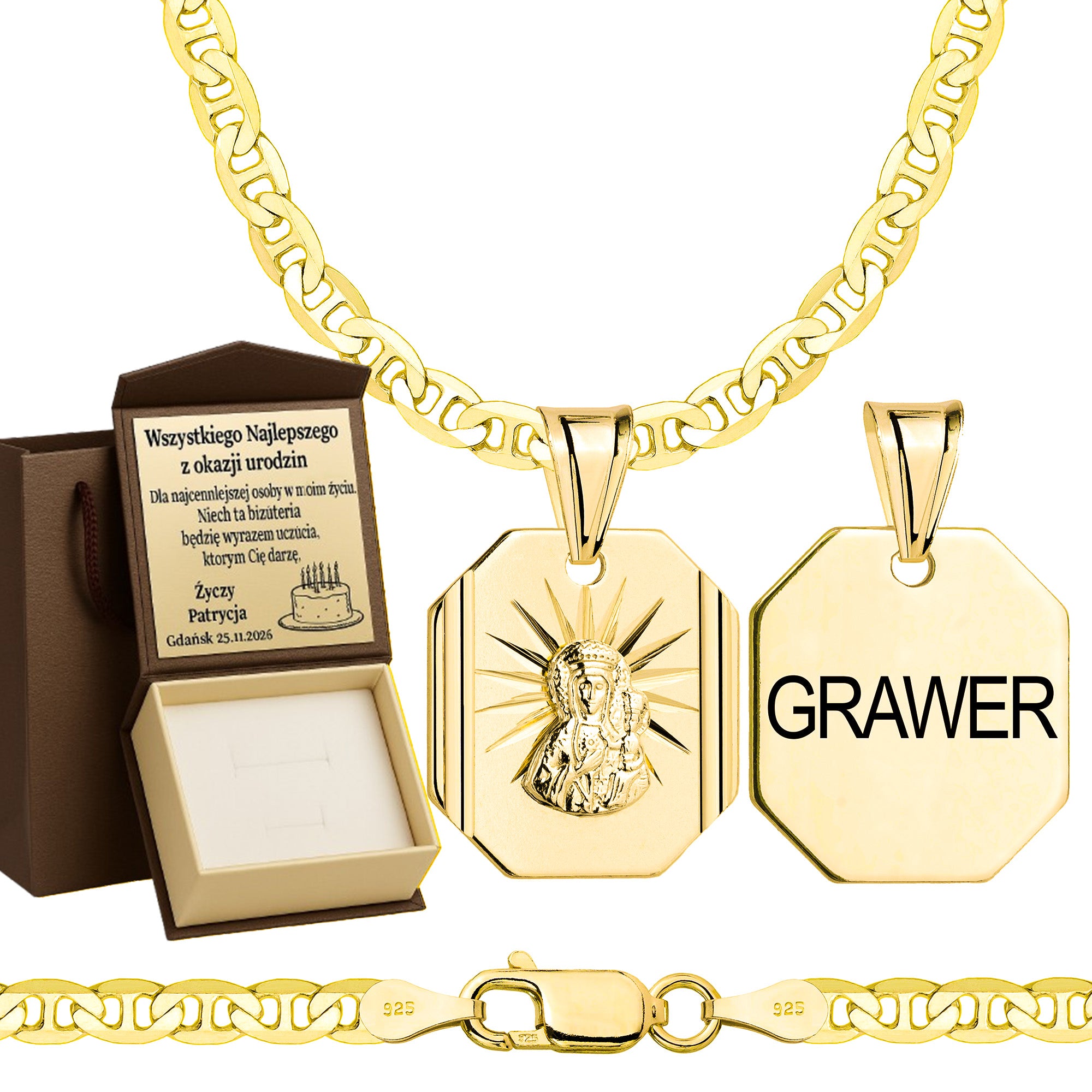 Łańcuszek pozłacany srebrny z medalikiem gucci 3,5mm pr. 925