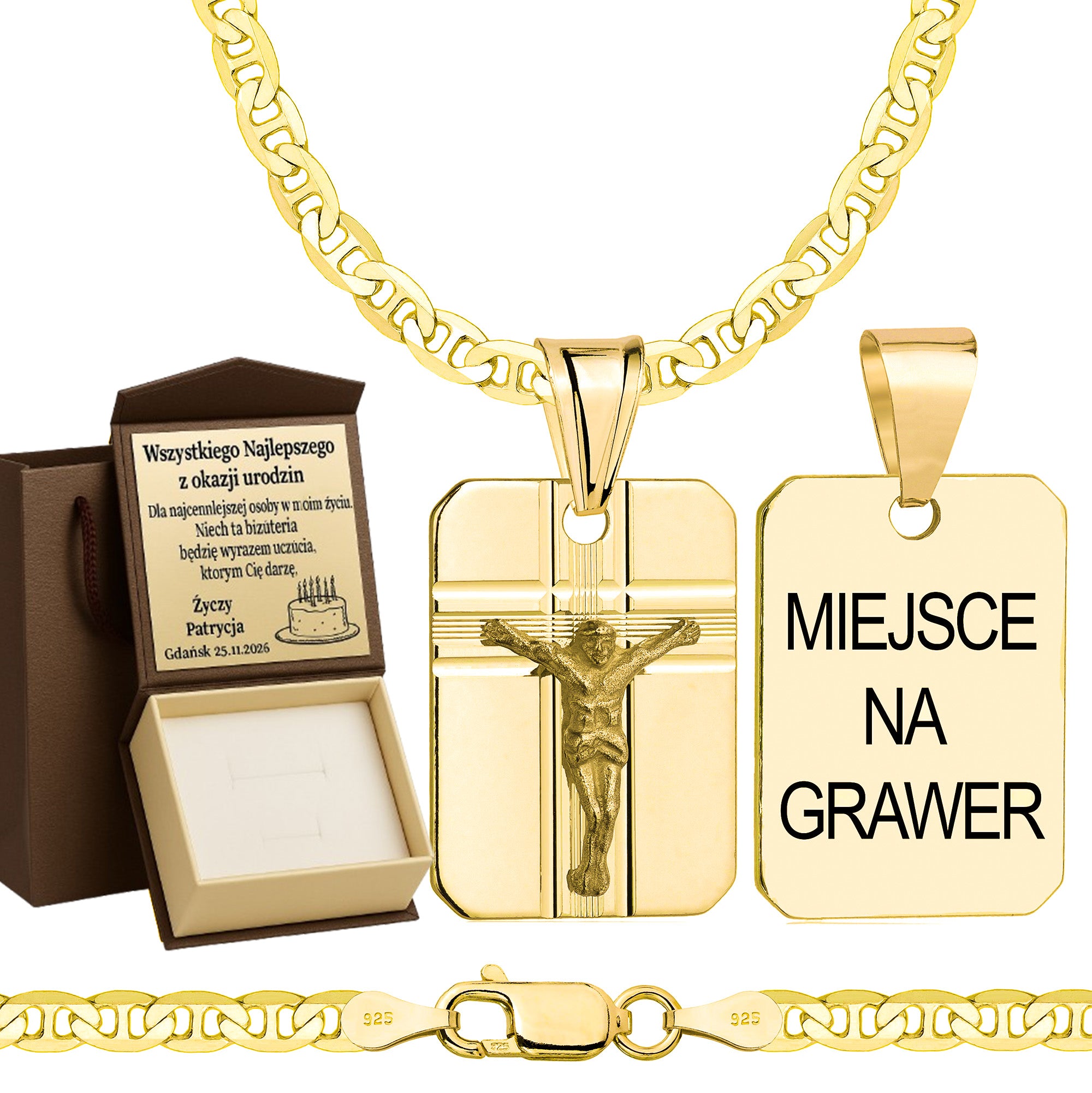 Łańcuszek pozłacany srebrny z medalikiem gucci 3,5mm pr. 925