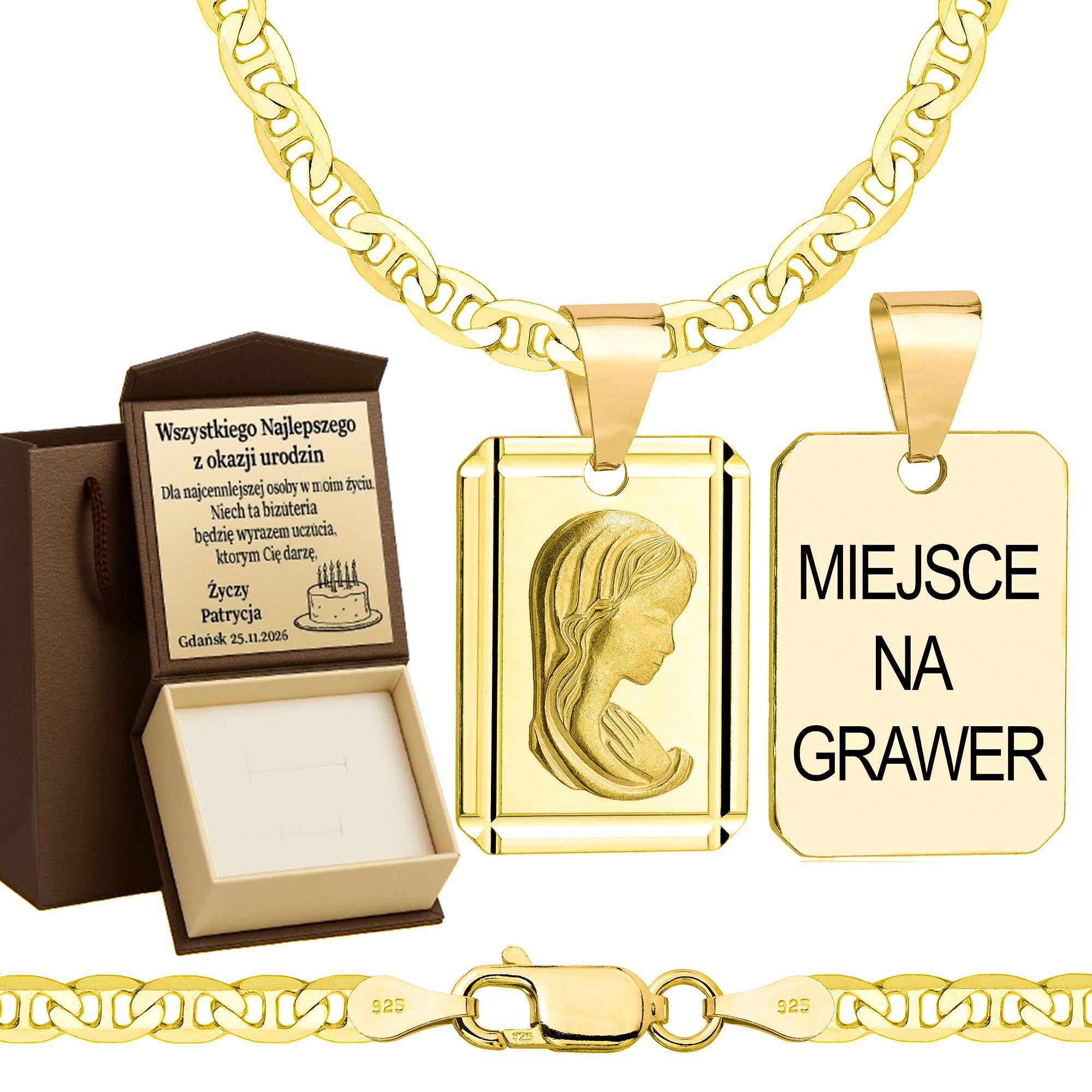 Łańcuszek pozłacany srebrny z medalikiem gucci 3,5mm pr. 925