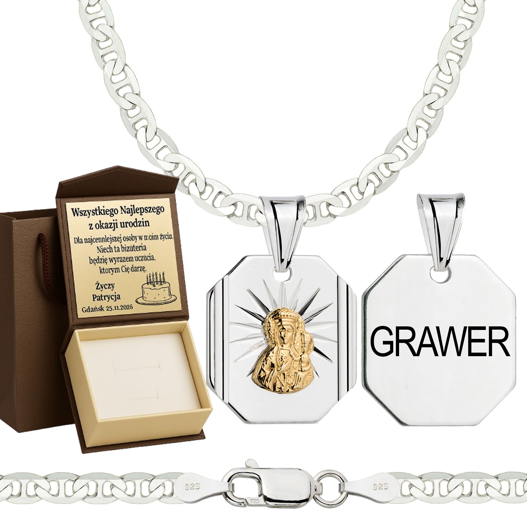 Łańcuszek srebrny z medalikiem gucci 3,5mm pr. 925