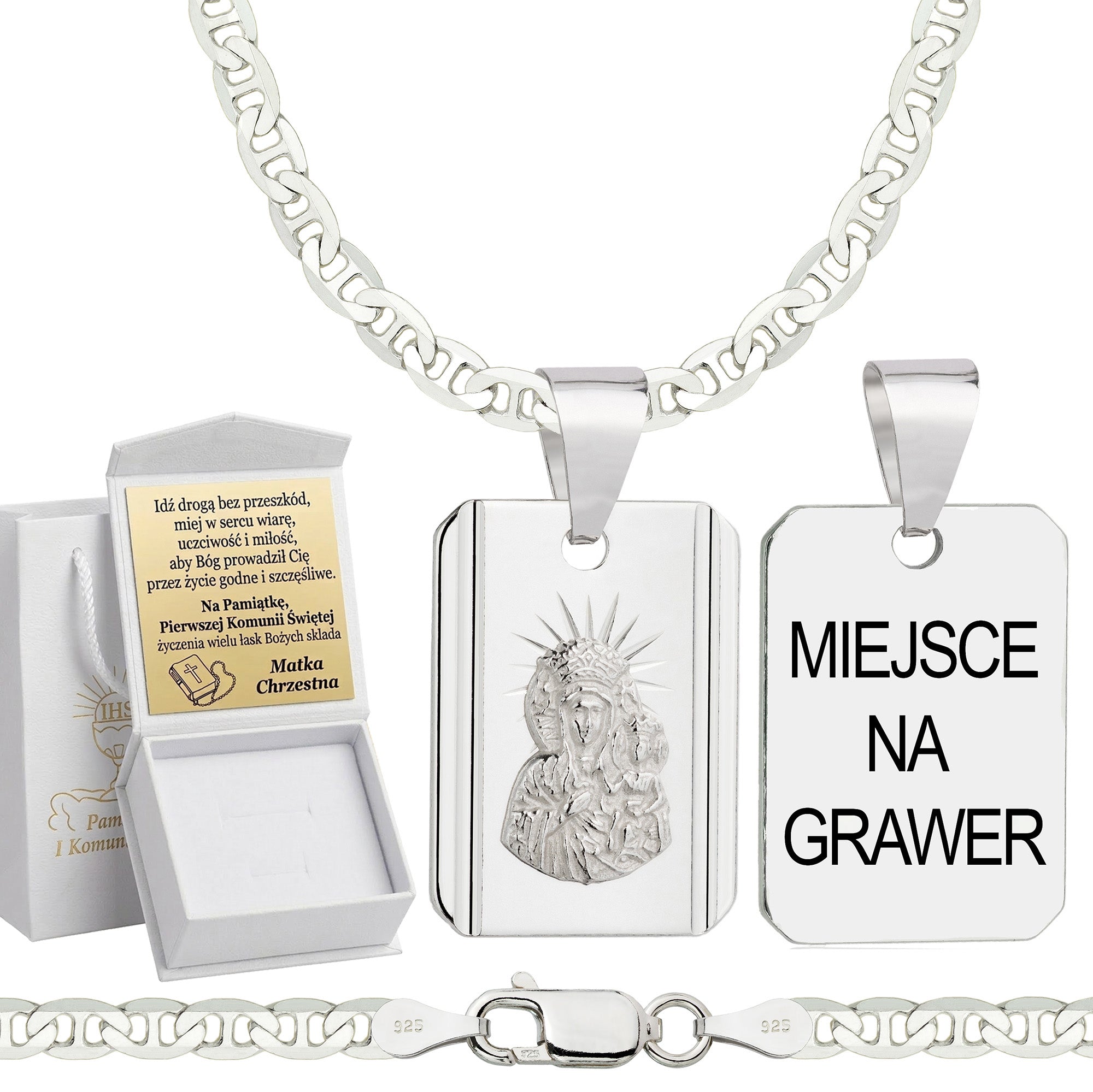 Łańcuszek komunijny srebrny z medalikiem gucci 3,5mm z grawerowanym pudełeczkiem i zawieszką pr. 925