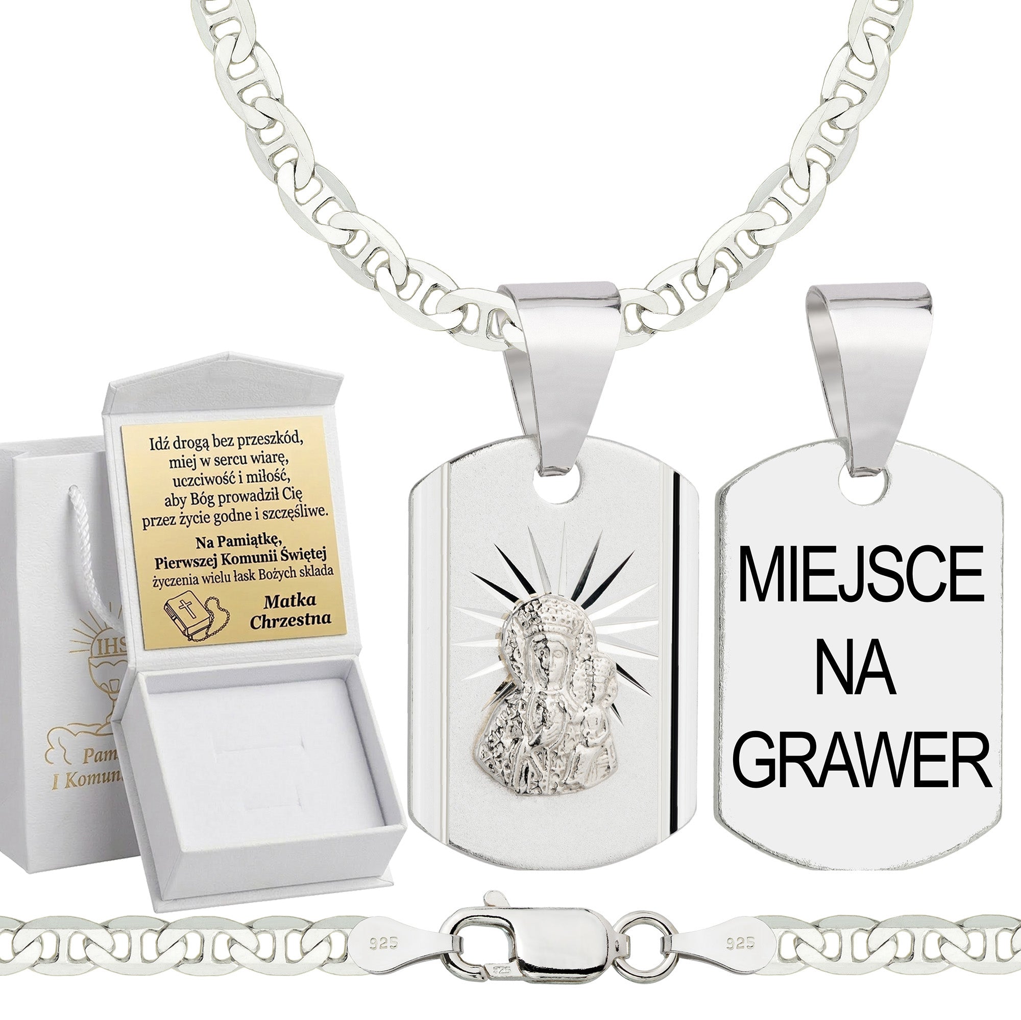Łańcuszek komunijny srebrny z medalikiem gucci 3,5mm z grawerowanym pudełeczkiem i zawieszką pr. 925