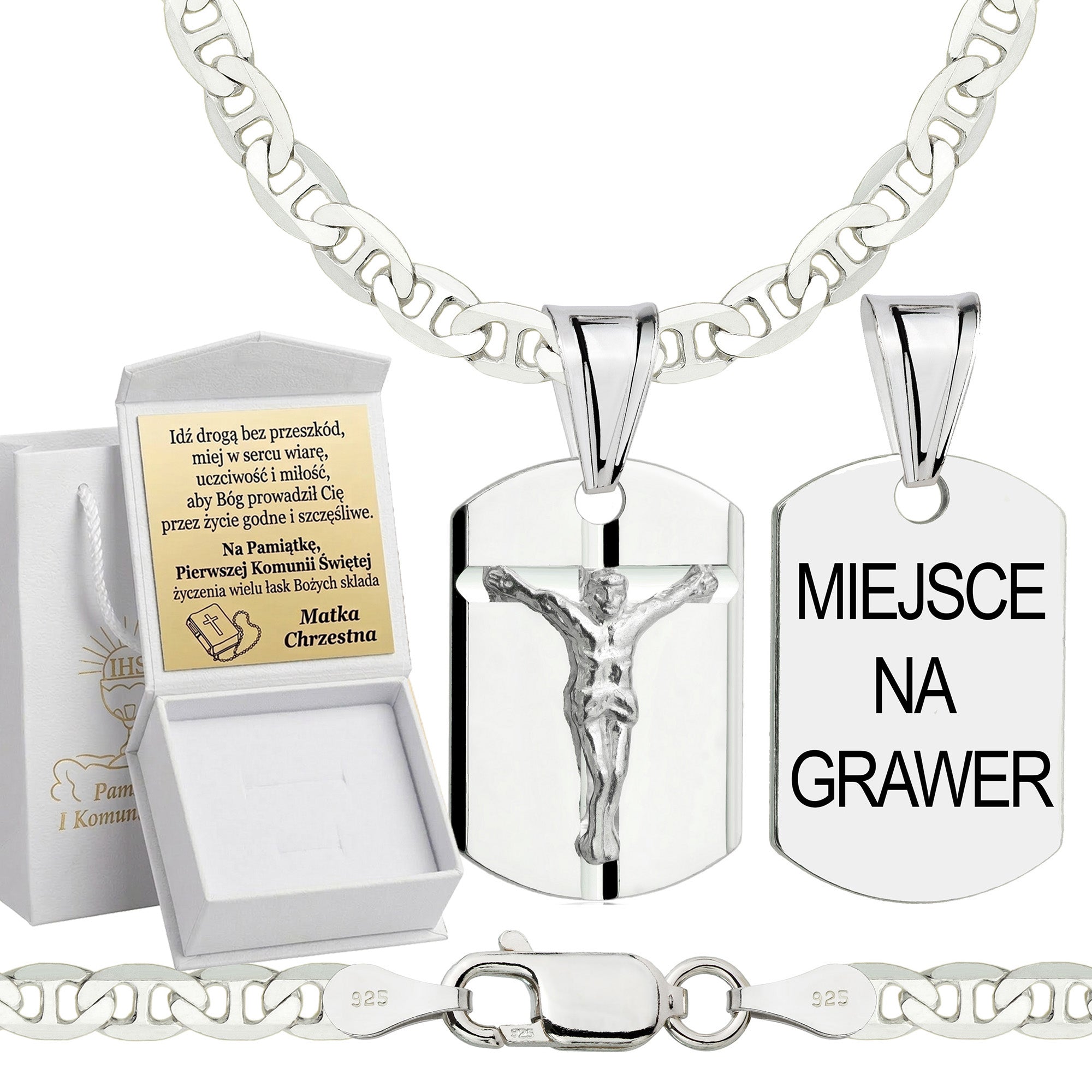 Łańcuszek komunijny srebrny z medalikiem gucci 3,5mm z grawerowanym pudełeczkiem i zawieszką pr. 925