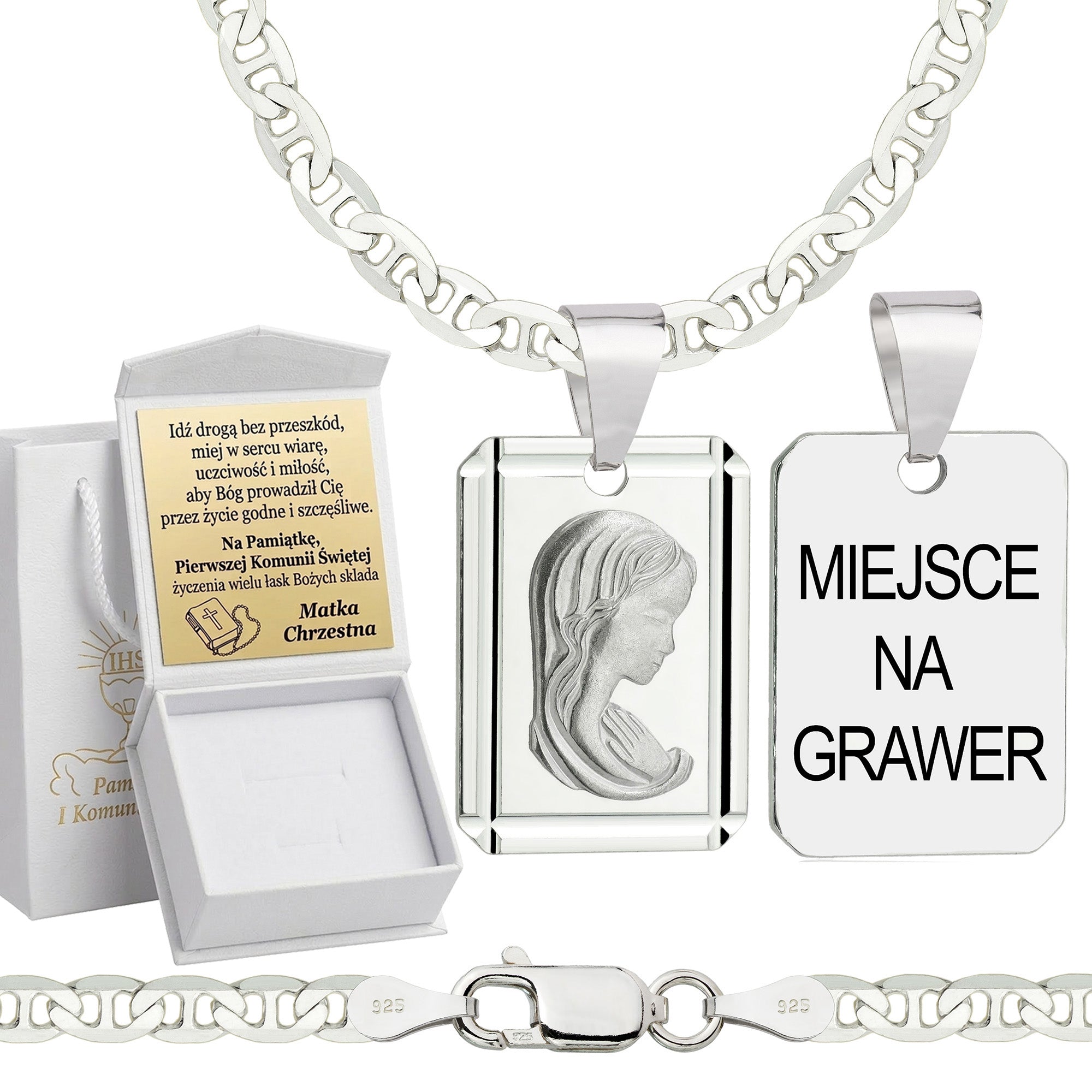 Łańcuszek komunijny srebrny z medalikiem gucci 3,5mm z grawerowanym pudełeczkiem i zawieszką pr. 925