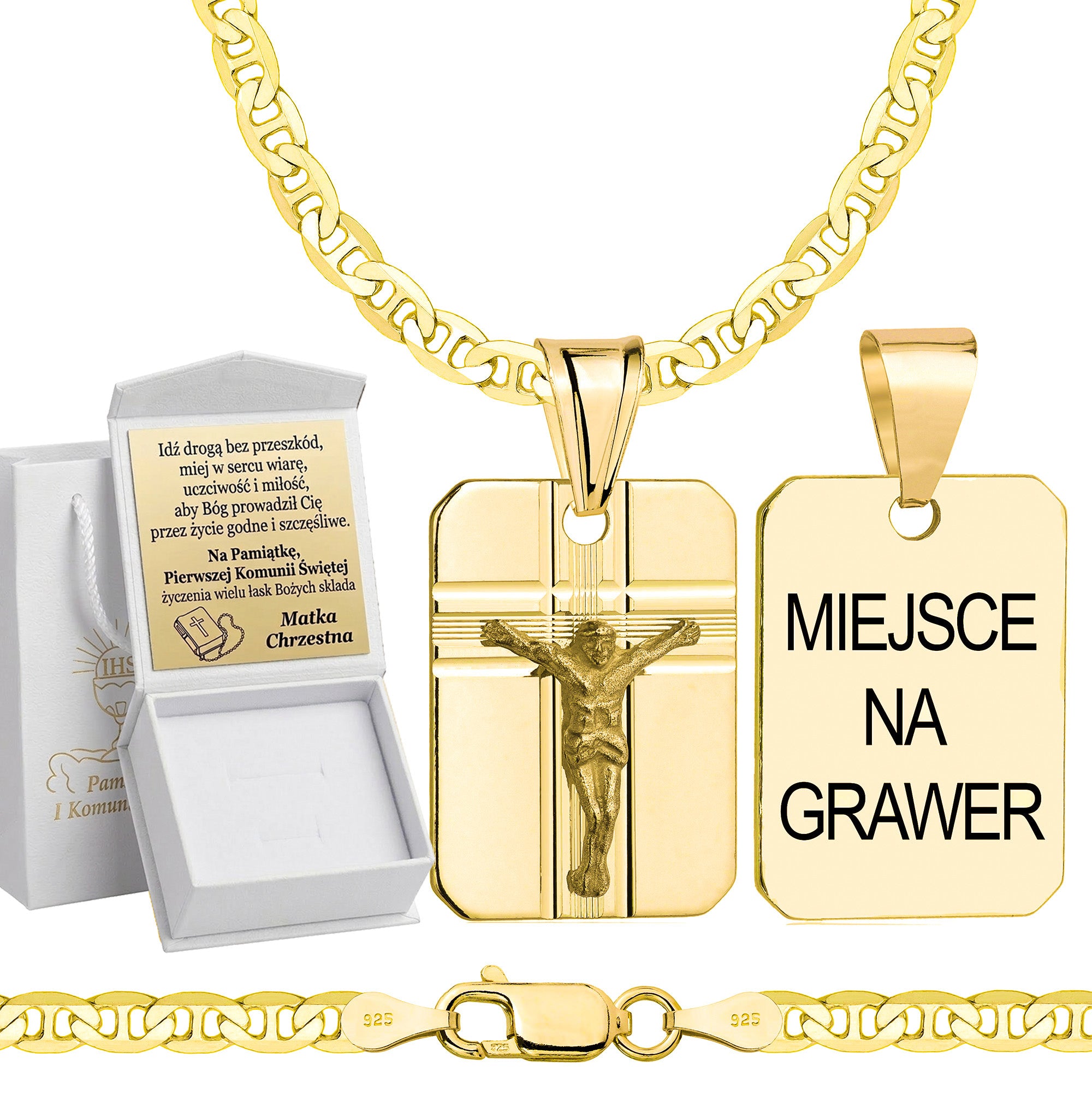 Łańcuszek komunijny pozłacany srebrny gucci z medalikiem 3,5mm z grawerowanym pudełeczkiem i zawieszką pr. 925