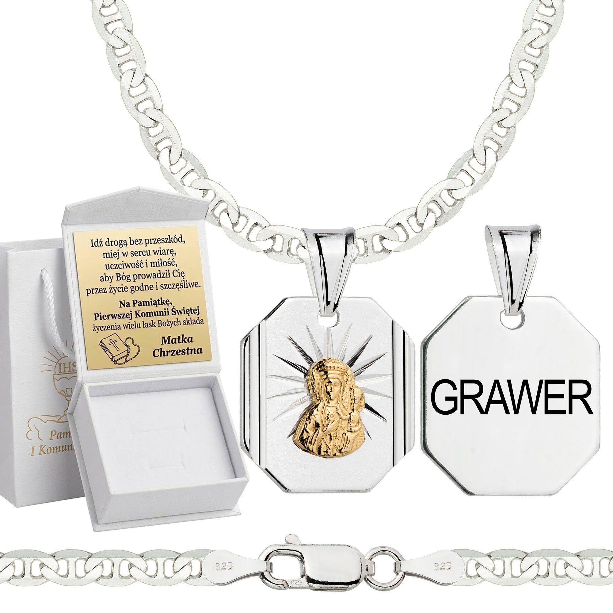 Łańcuszek komunijny srebrny z medalikiem gucci 3,5mm z grawerowanym pudełeczkiem i zawieszką pr. 925