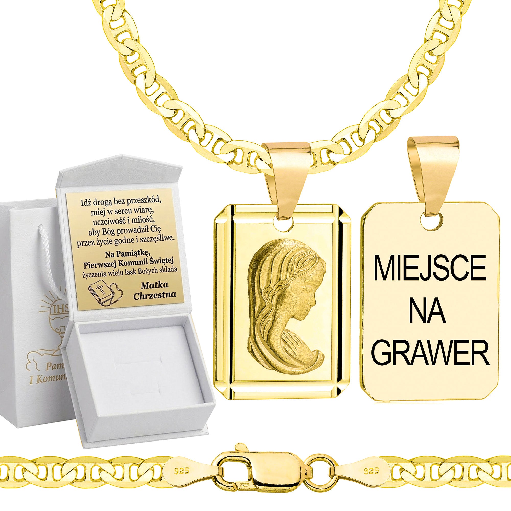 Łańcuszek komunijny pozłacany srebrny gucci z medalikiem 3,5mm z grawerowanym pudełeczkiem i zawieszką pr. 925