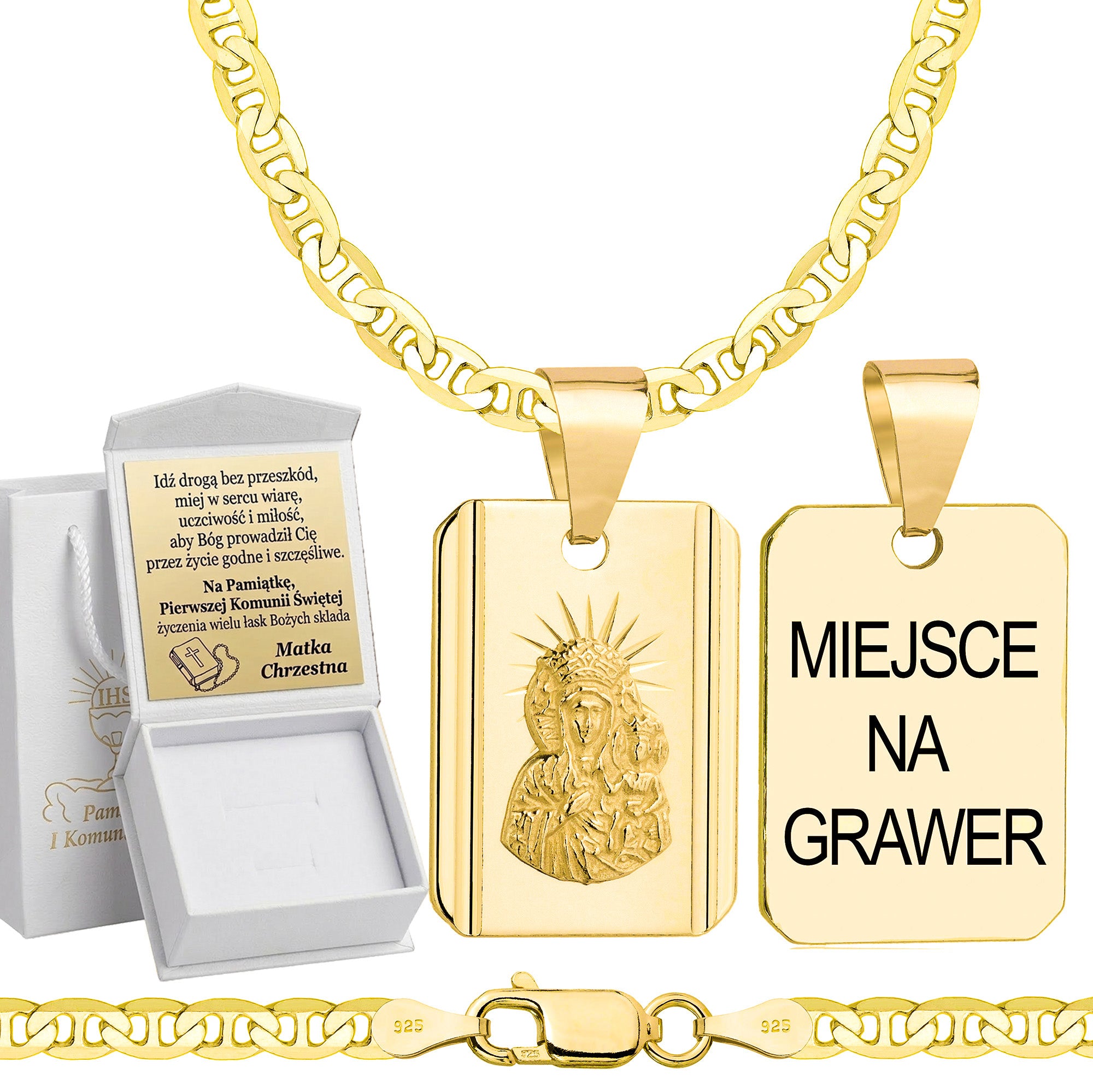 Łańcuszek komunijny pozłacany srebrny gucci z medalikiem 3,5mm z grawerowanym pudełeczkiem i zawieszką pr. 925