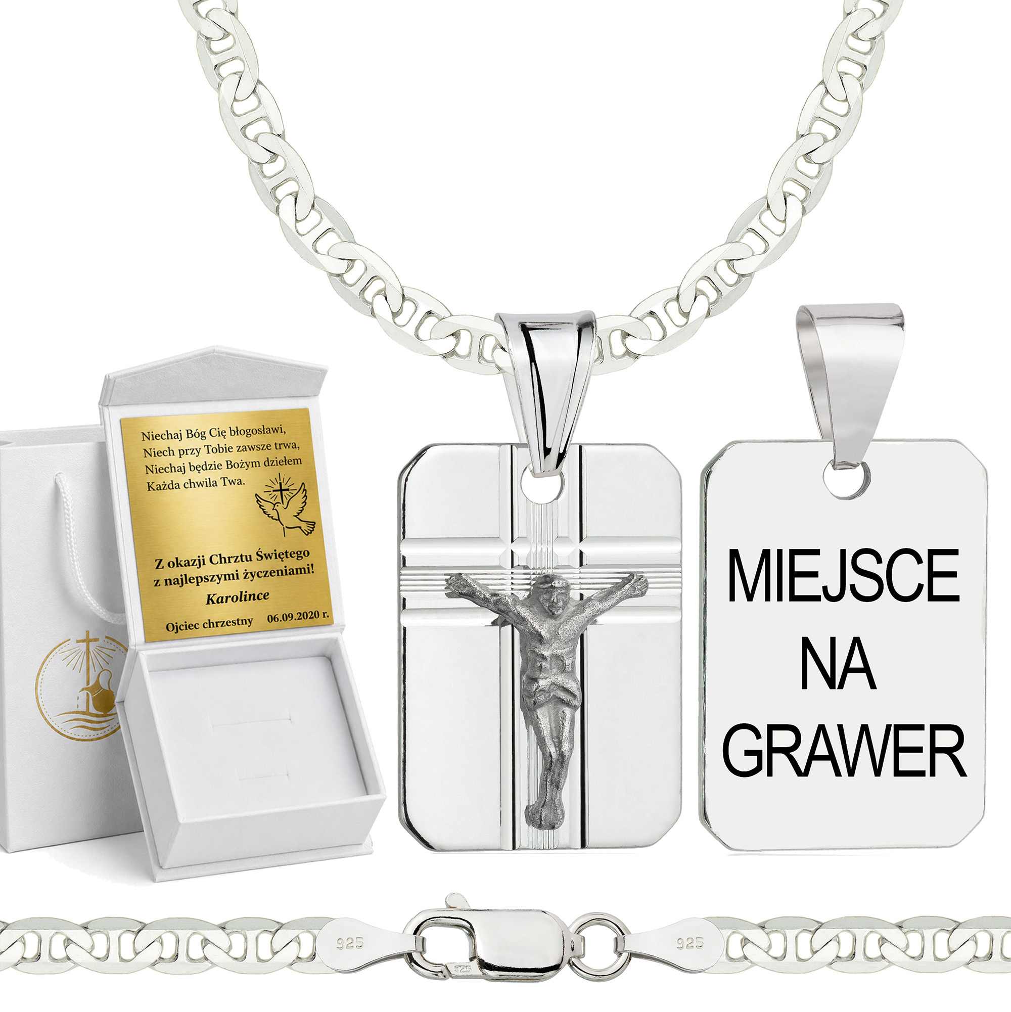 Łańcuszek na Chrzest srebrny z medalikiem gucci 3,5mm z grawerowanym pudełeczkiem i zawieszką pr. 925