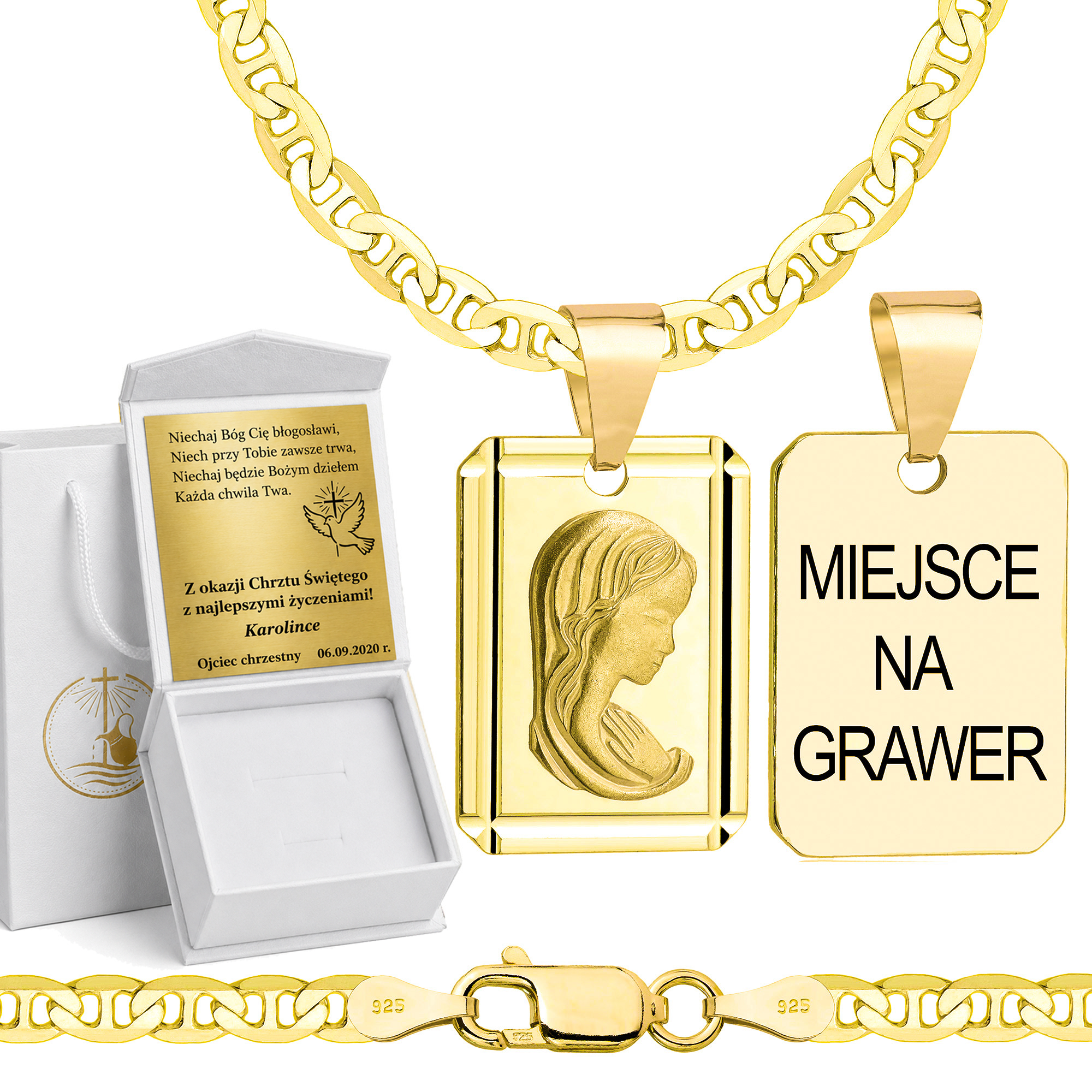 Łańcuszek na Chrzest pozłacany srebrny gucci z medalikiem 3,5mm z grawerowanym pudełeczkiem i zawieszką pr. 925
