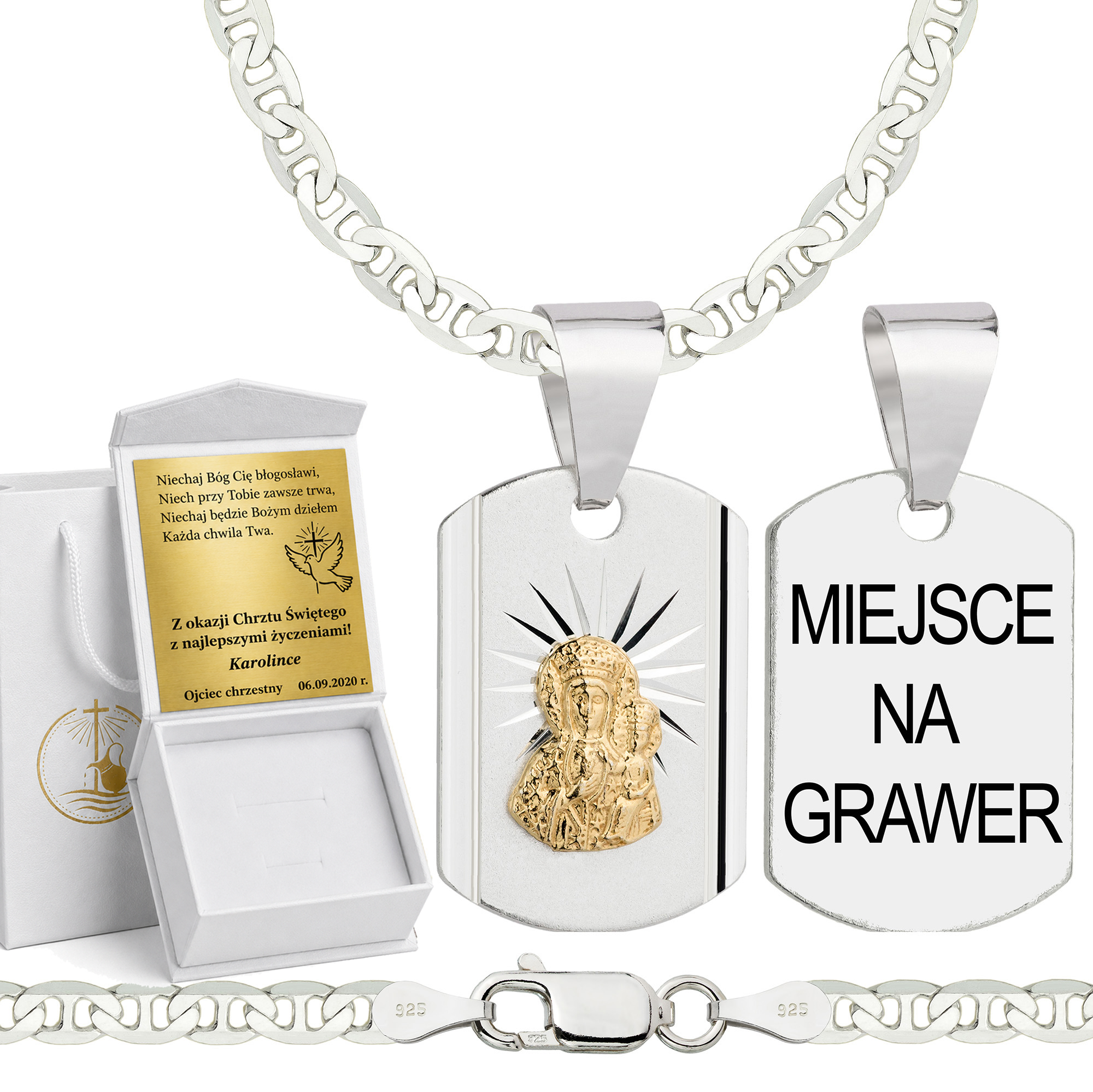 Łańcuszek na Chrzest srebrny z medalikiem gucci 3,5mm z grawerowanym pudełeczkiem i zawieszką pr. 925