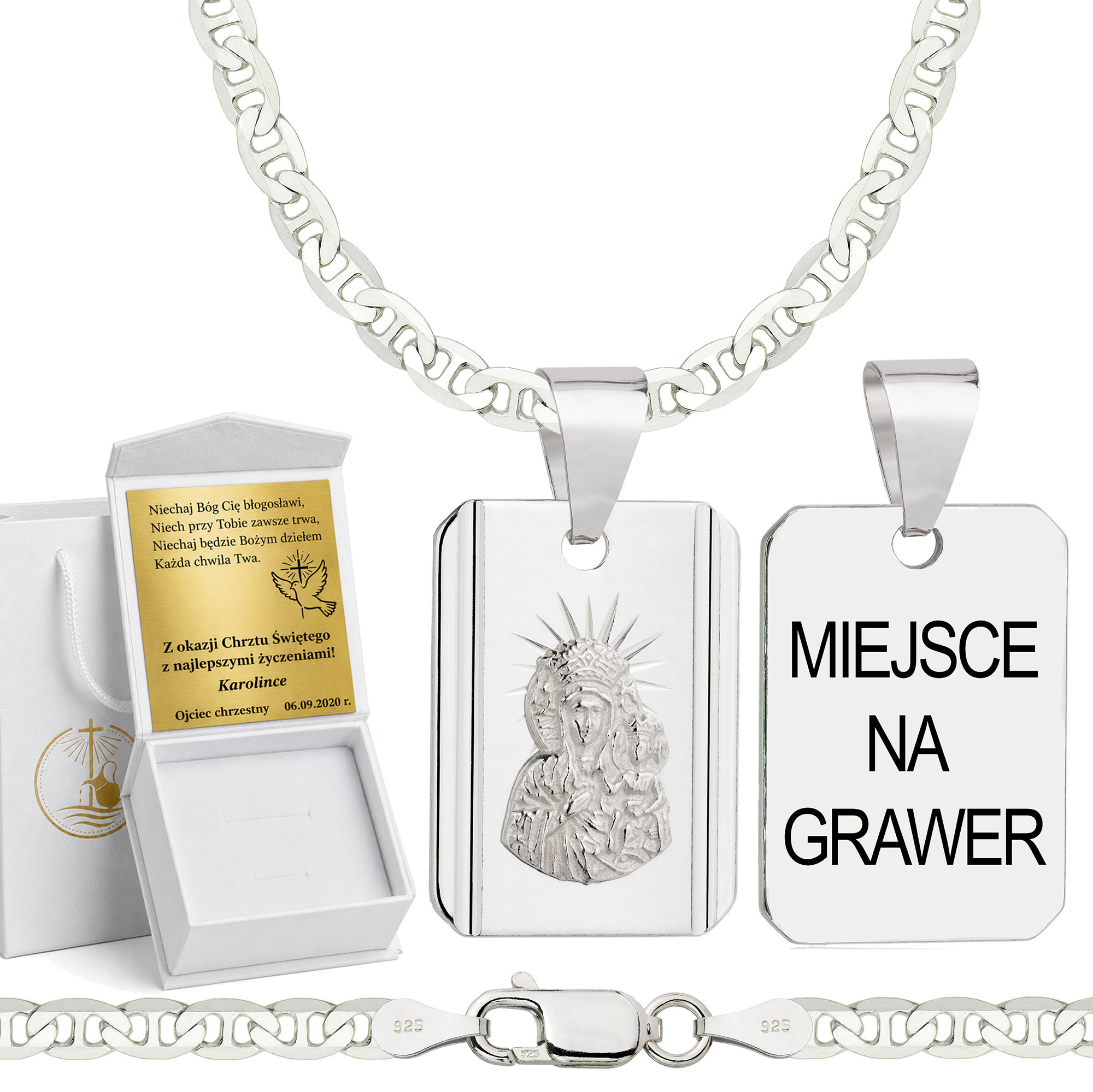 Łańcuszek na Chrzest srebrny z medalikiem gucci 3,5mm z grawerowanym pudełeczkiem i zawieszką pr. 925