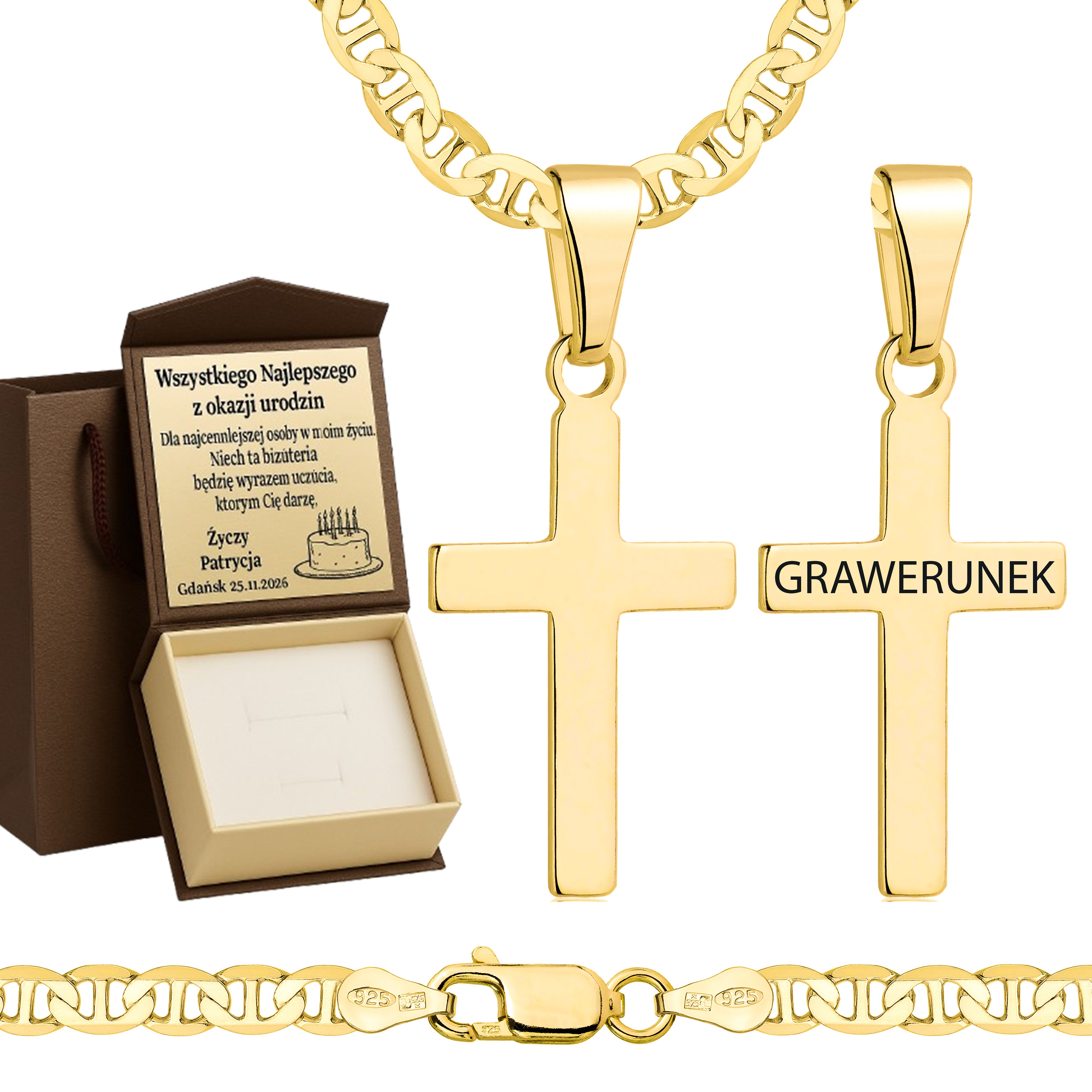 Łańcuszek pozłacany srebrny z krzyżykiem gucci 4,5mm pr. 925