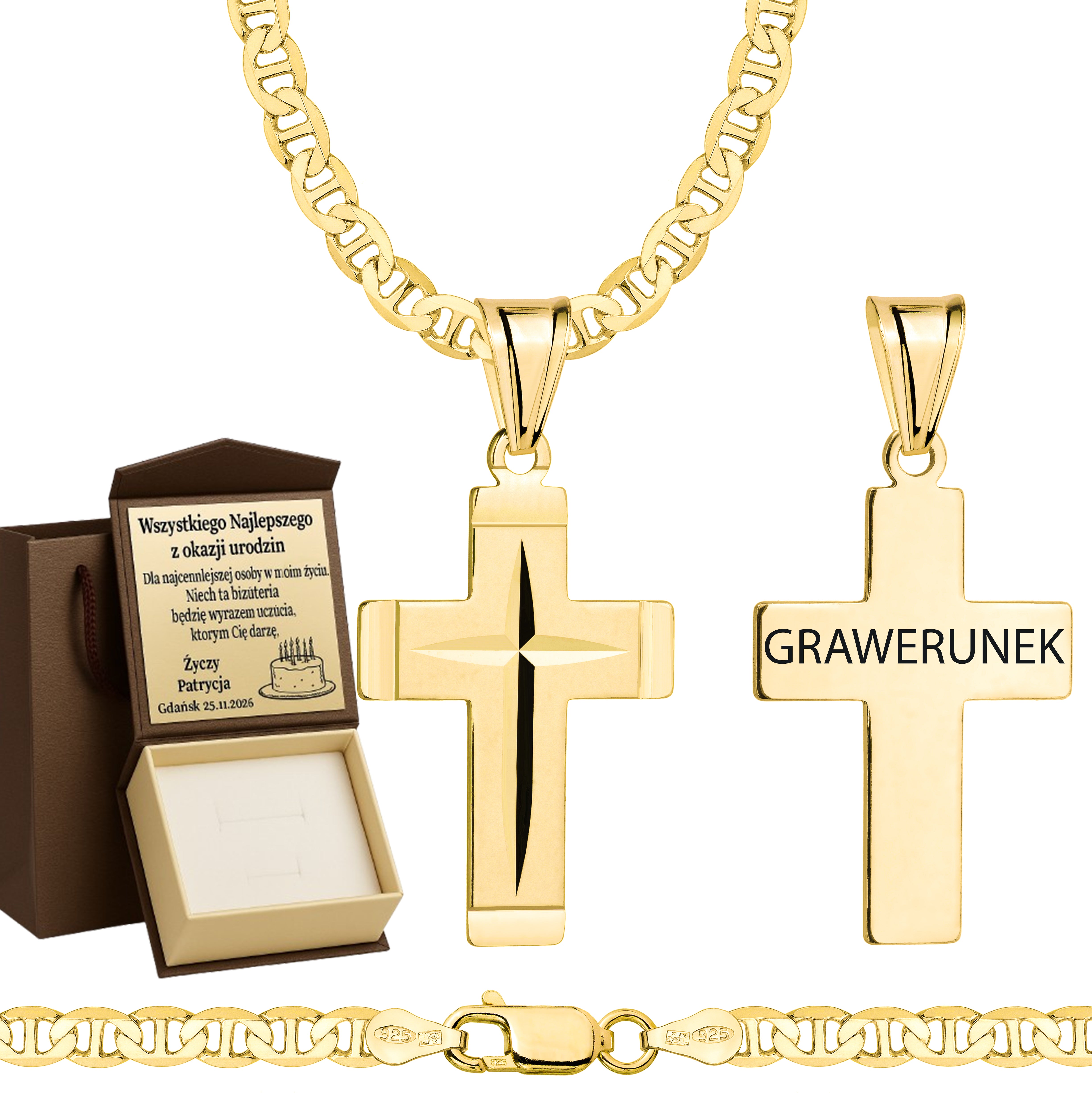 Łańcuszek pozłacany srebrny z krzyżykiem gucci 4,5mm pr. 925