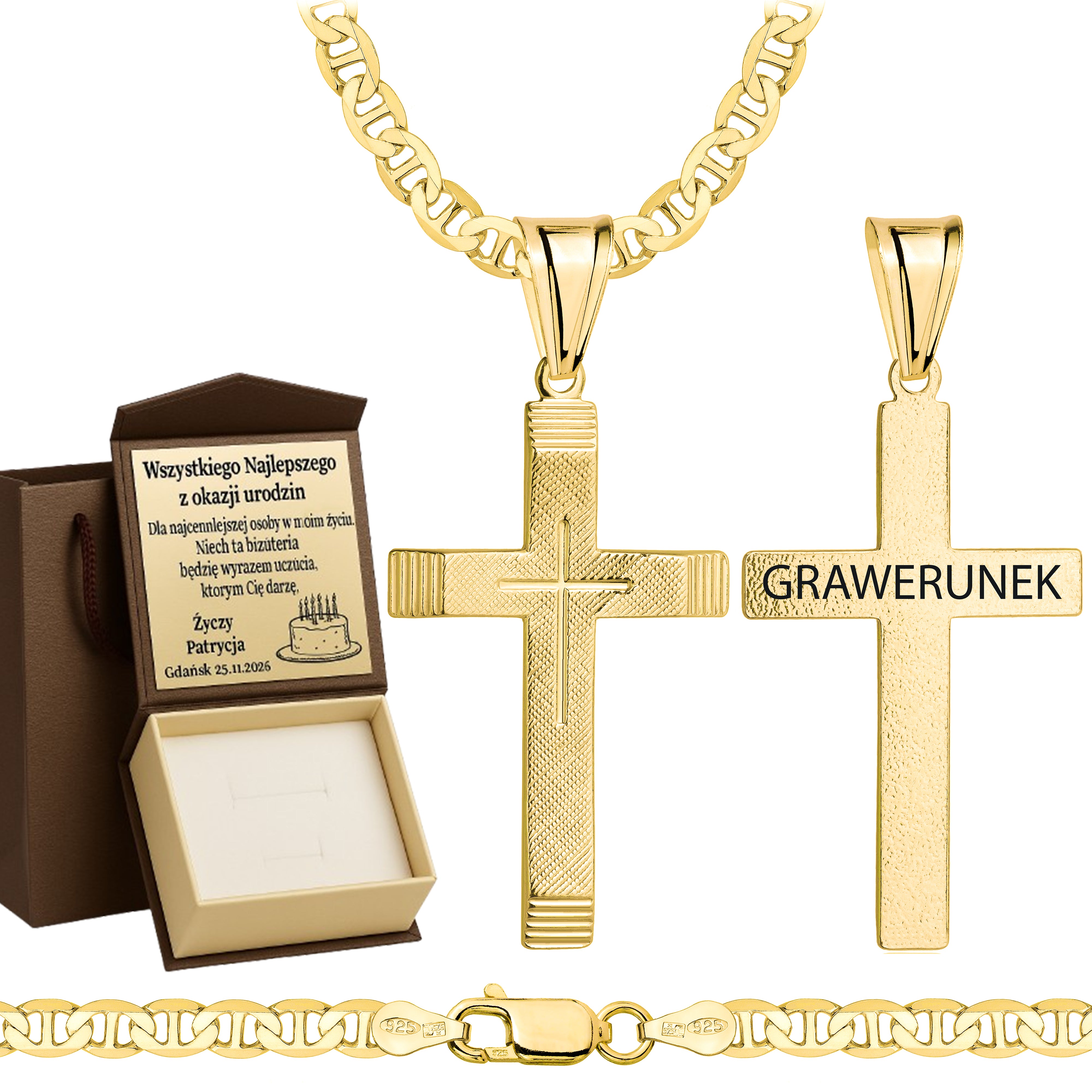 Łańcuszek pozłacany srebrny z krzyżykiem gucci 4,5mm pr. 925