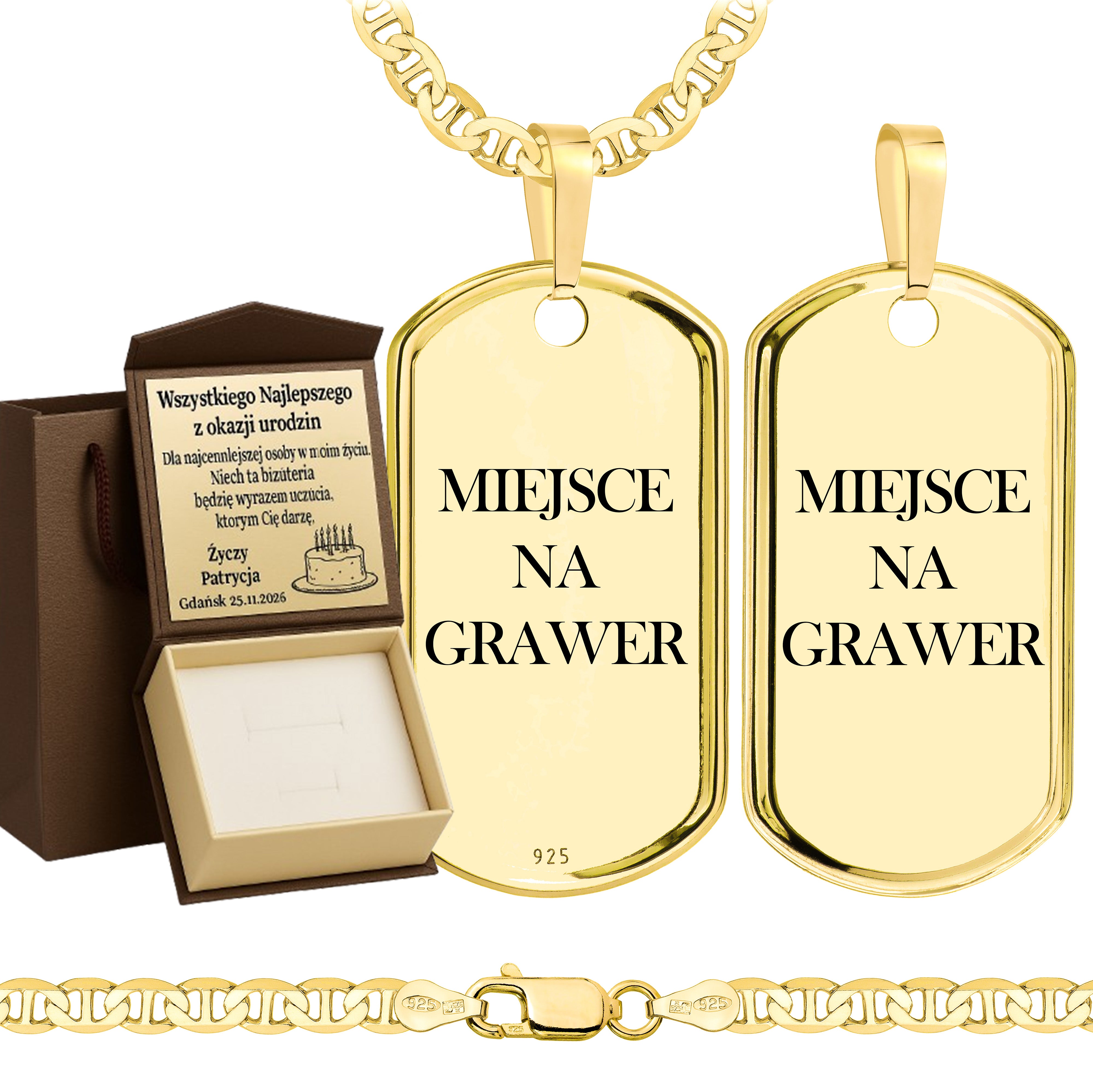 Łańcuszek pozłacany srebrny z nieśmiertelnikiem gucci 4,5mm pr. 925 585