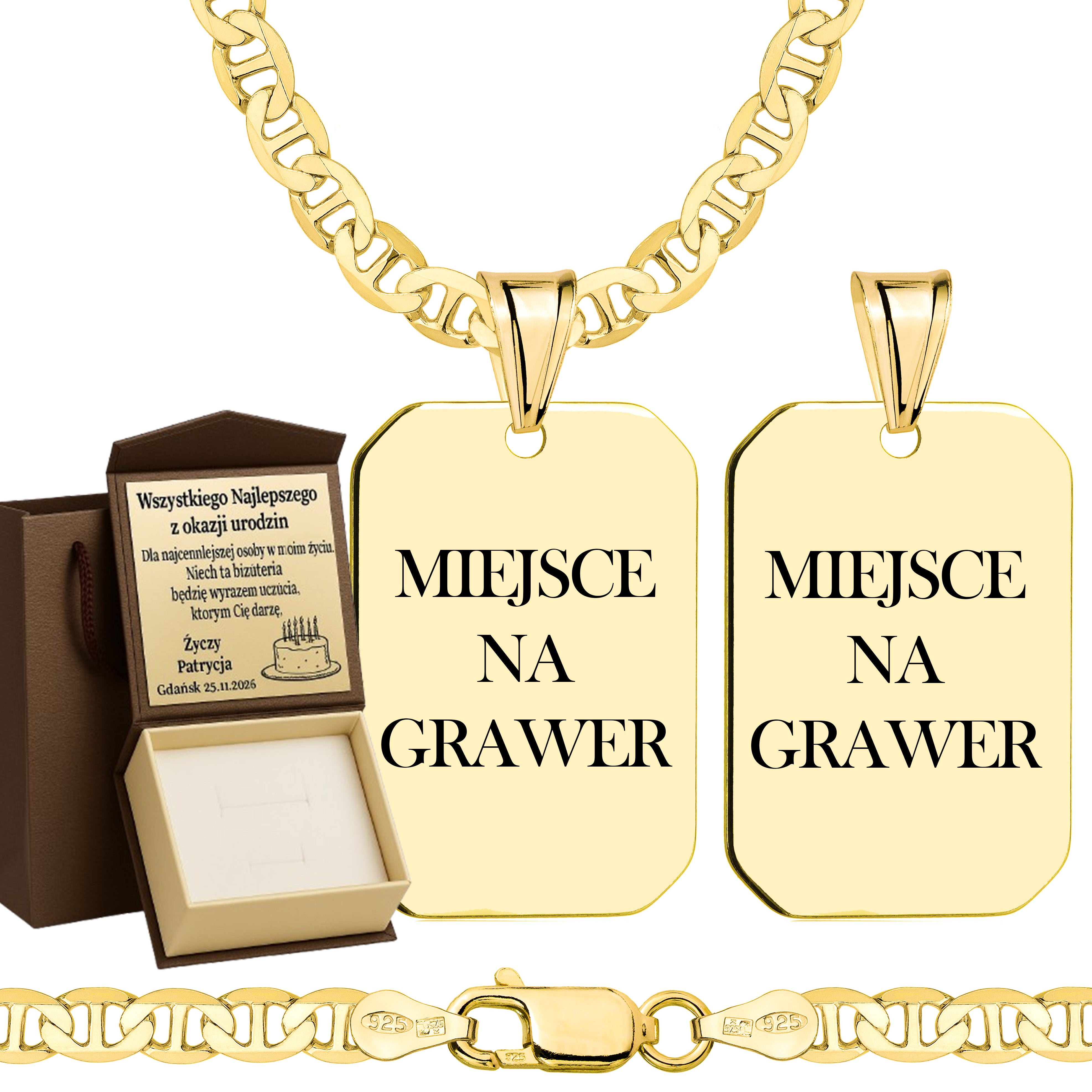 Łańcuszek pozłacany srebrny z nieśmiertelnikiem gucci 4,5mm pr. 925 585