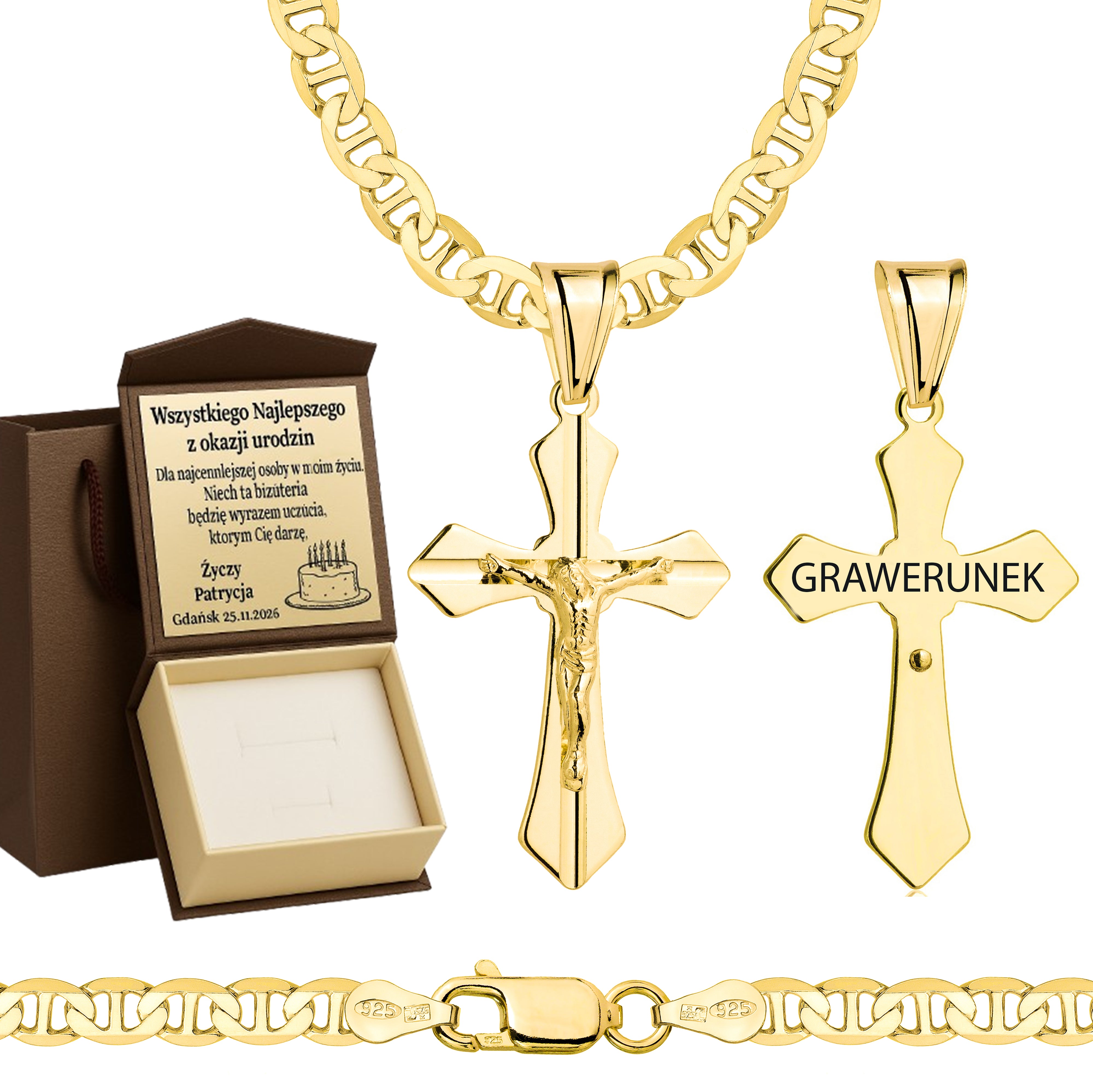 Łańcuszek pozłacany srebrny z krzyżykiem gucci 4,5mm pr. 925