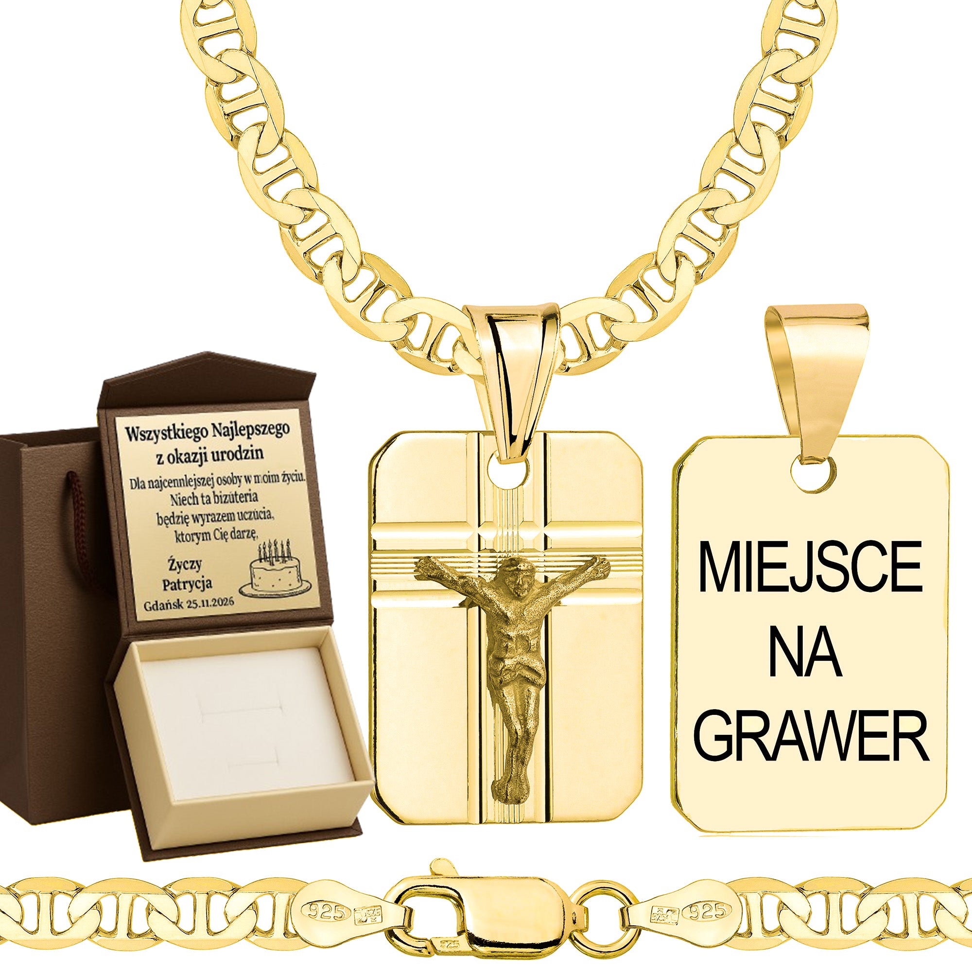 Łańcuszek pozłacany srebrny z medalikiem gucci 4,5mm pr. 925