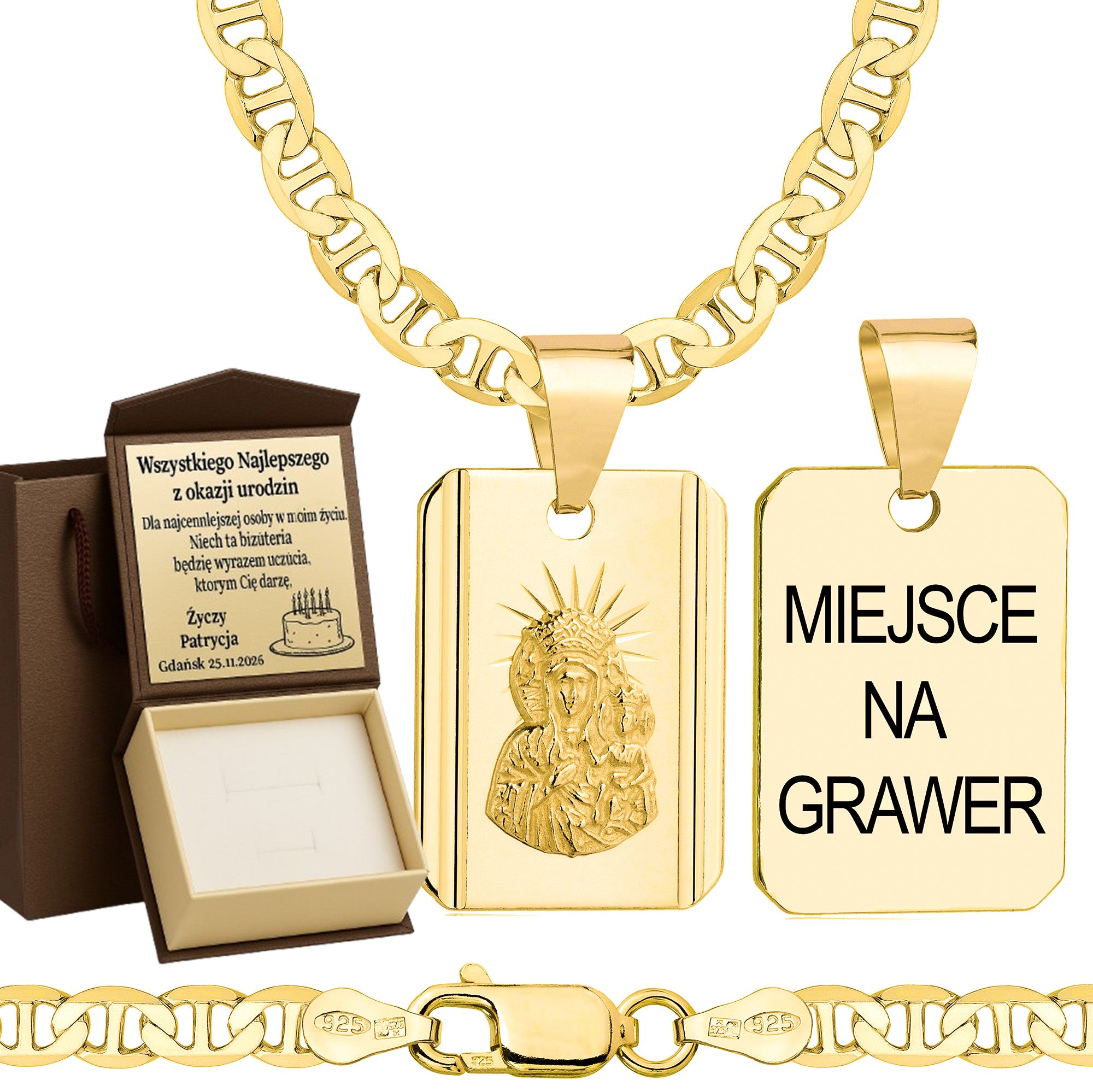 Łańcuszek pozłacany srebrny z medalikiem gucci 4,5mm pr. 925