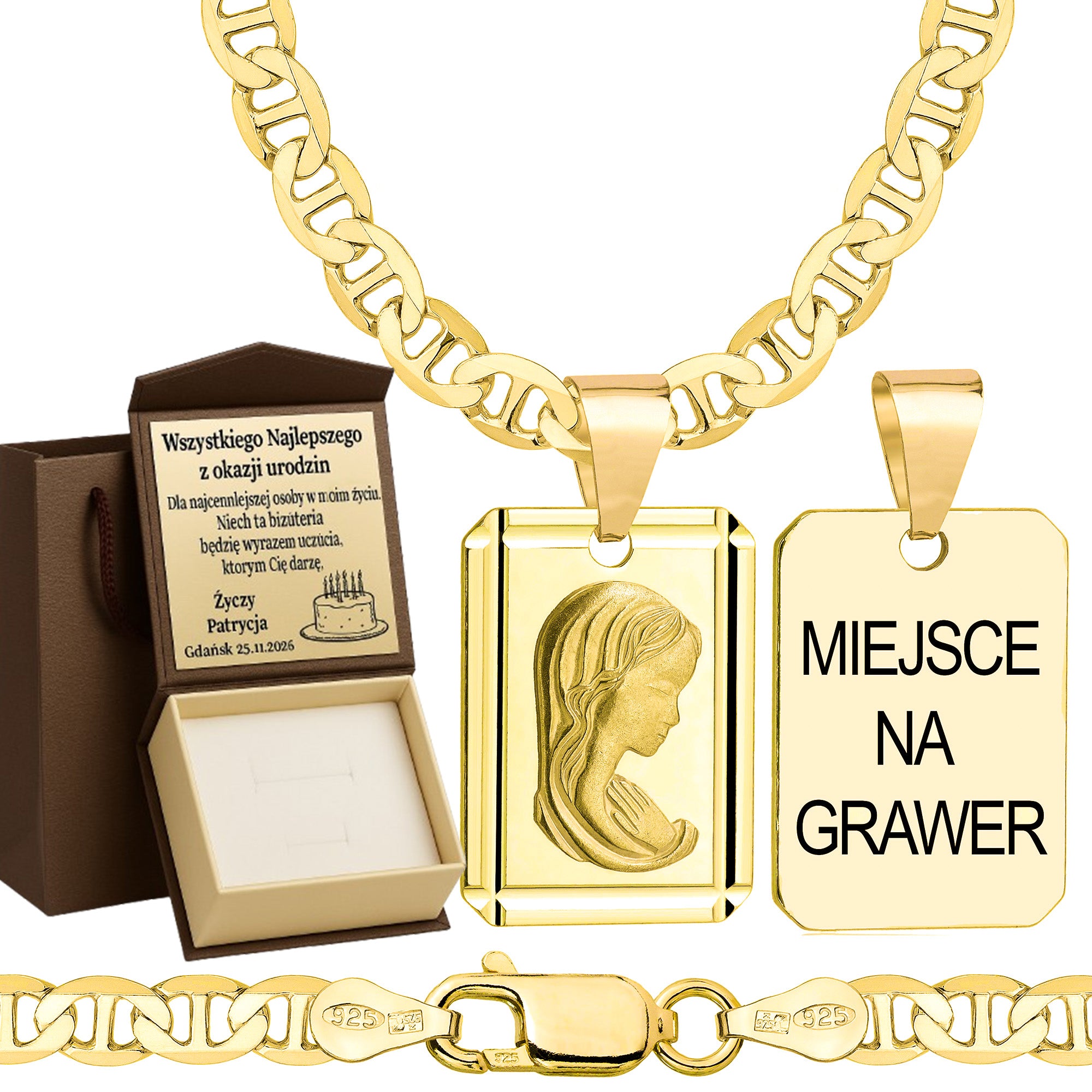 Łańcuszek pozłacany srebrny z medalikiem gucci 4,5mm pr. 925