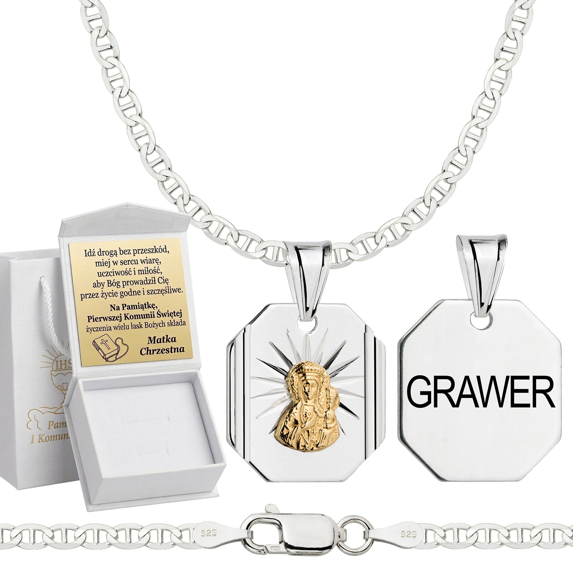 Łańcuszek komunijny srebrny z medalikiem gucci 2,6mm z grawerowanym pudełeczkiem i zawieszką pr. 925