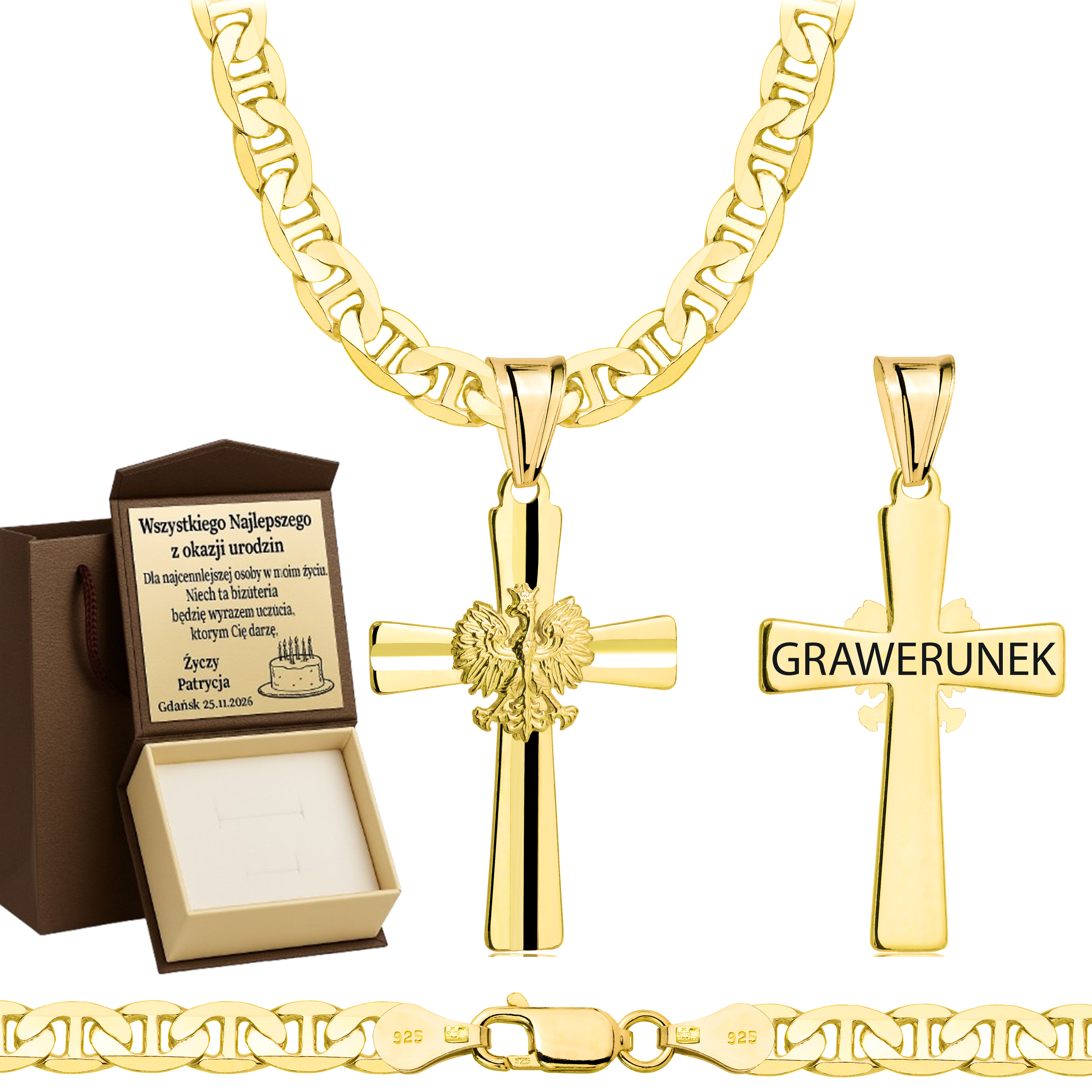 Łańcuszek pozłacany srebrny z krzyżykiem gucci 5,5mm pr. 925