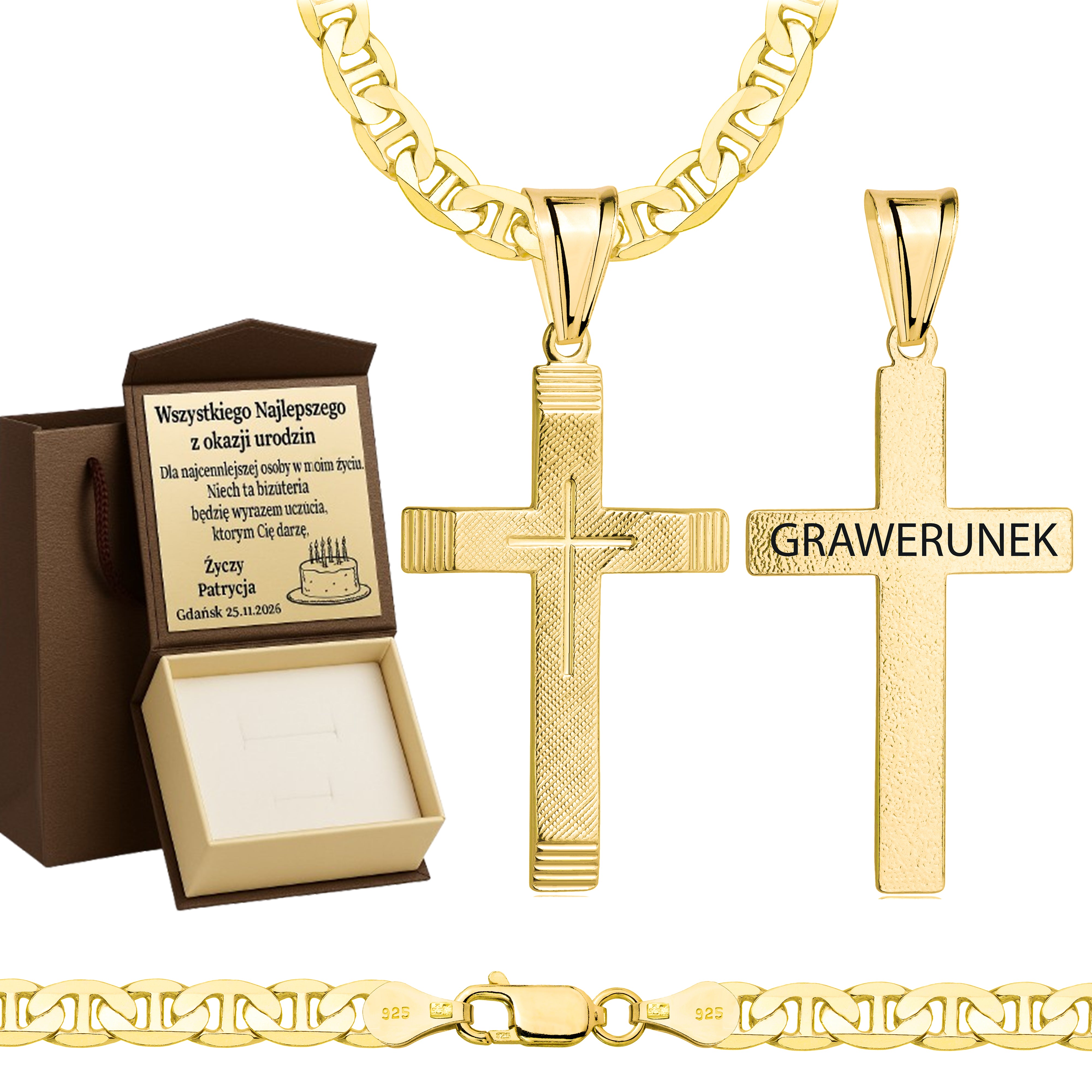 Łańcuszek pozłacany srebrny z krzyżykiem gucci 5,5mm pr. 925