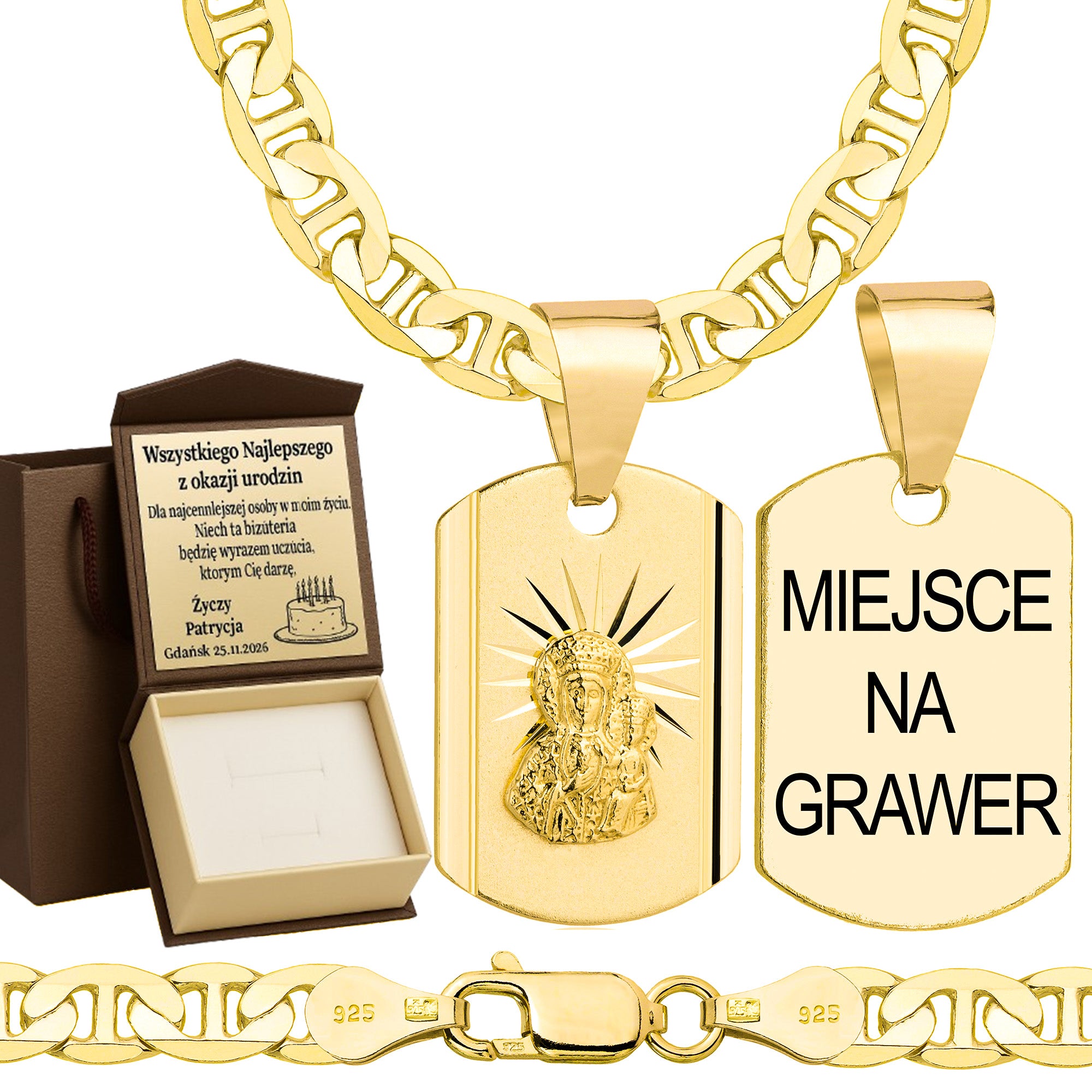 Łańcuszek pozłacany srebrny z medalikiem gucci 5,5mm pr. 925