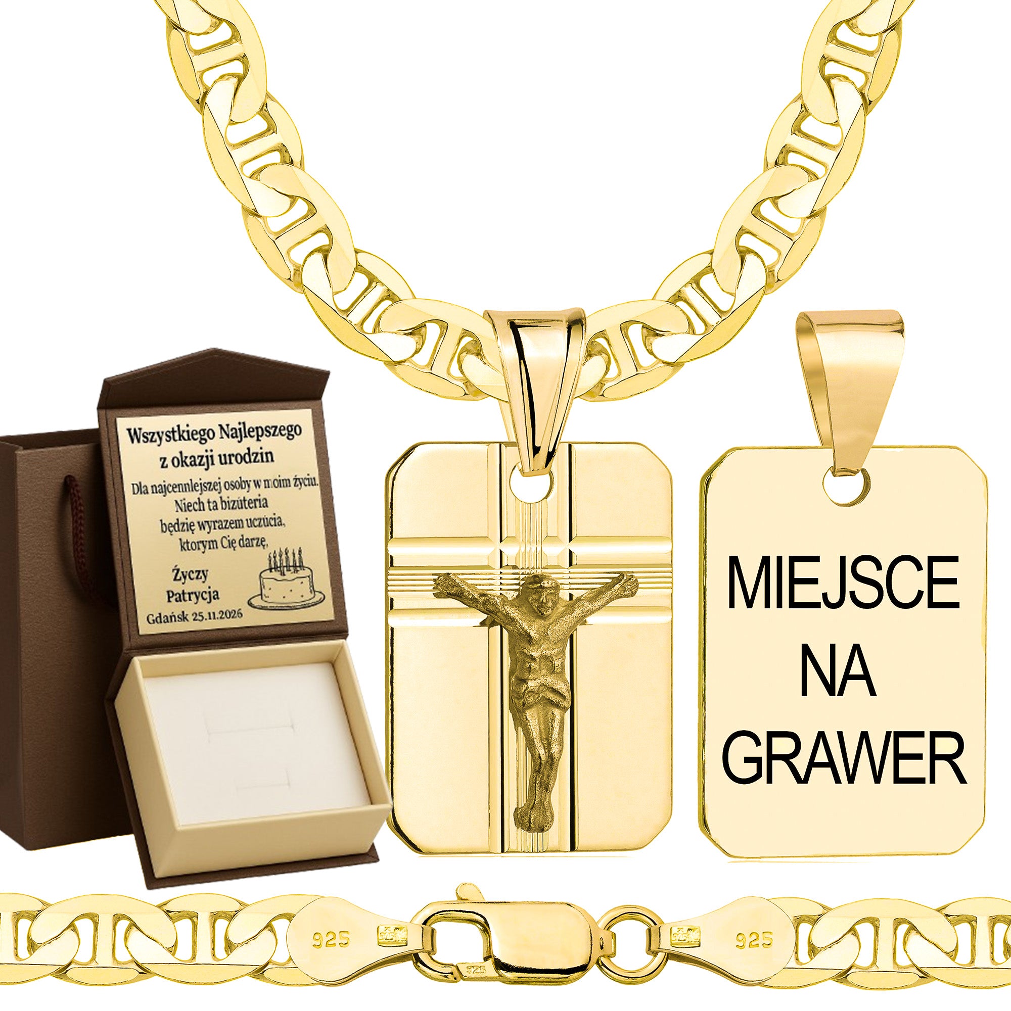 Łańcuszek pozłacany srebrny z medalikiem gucci 5,5mm pr. 925