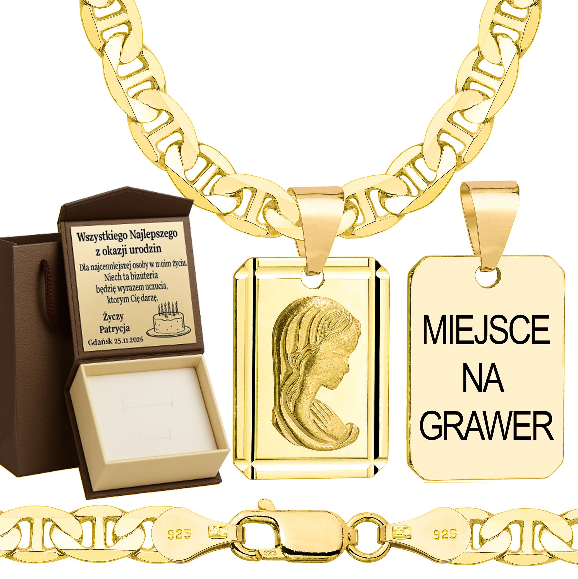 Łańcuszek pozłacany srebrny z medalikiem gucci 5,5mm pr. 925